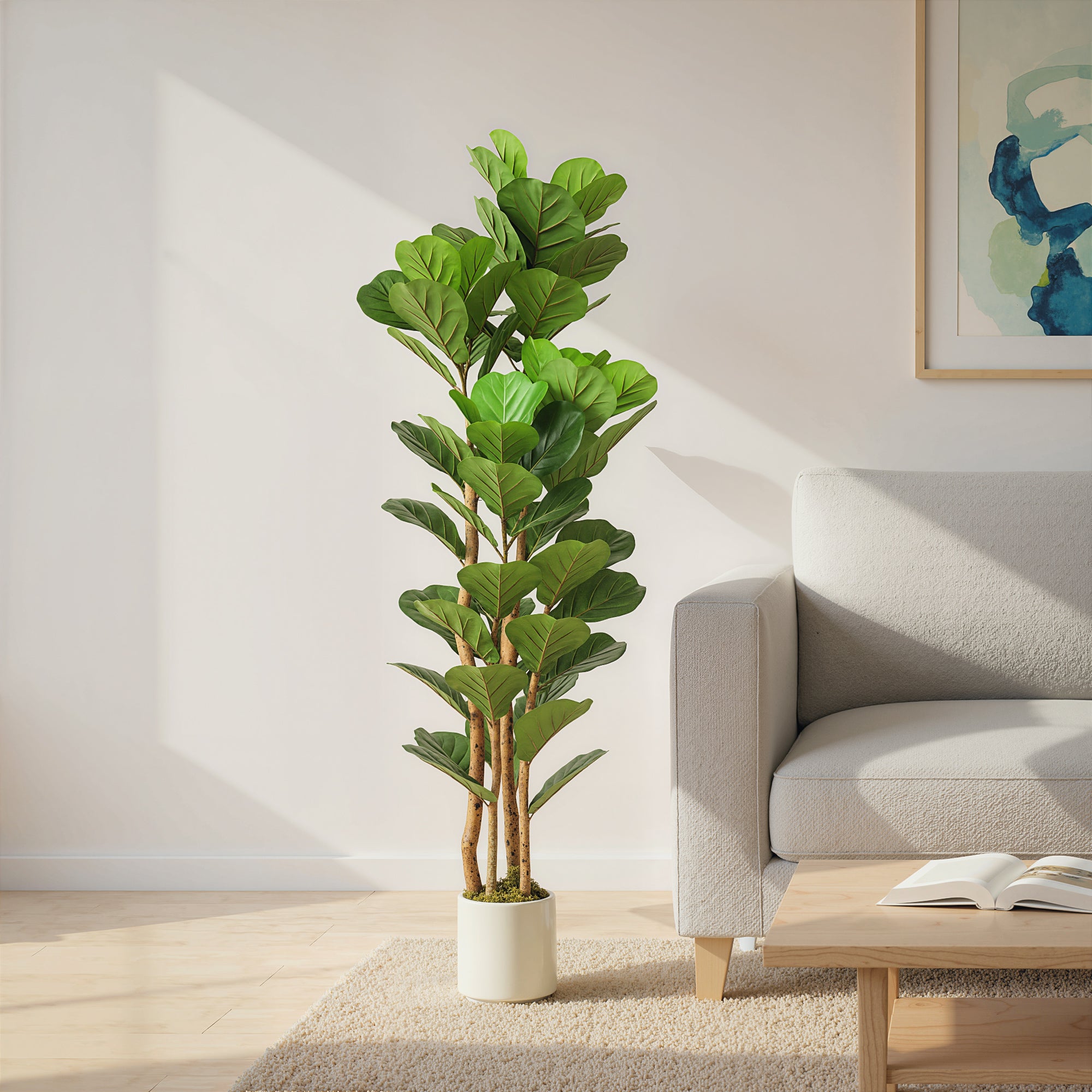 5FT Artificial Fiddle Leaf Fig Tree with Solid Wood Trunks, Lifelike Fake Tree with 45 Leaves in Pot for Indoor Living Room Office Home Decor, Green