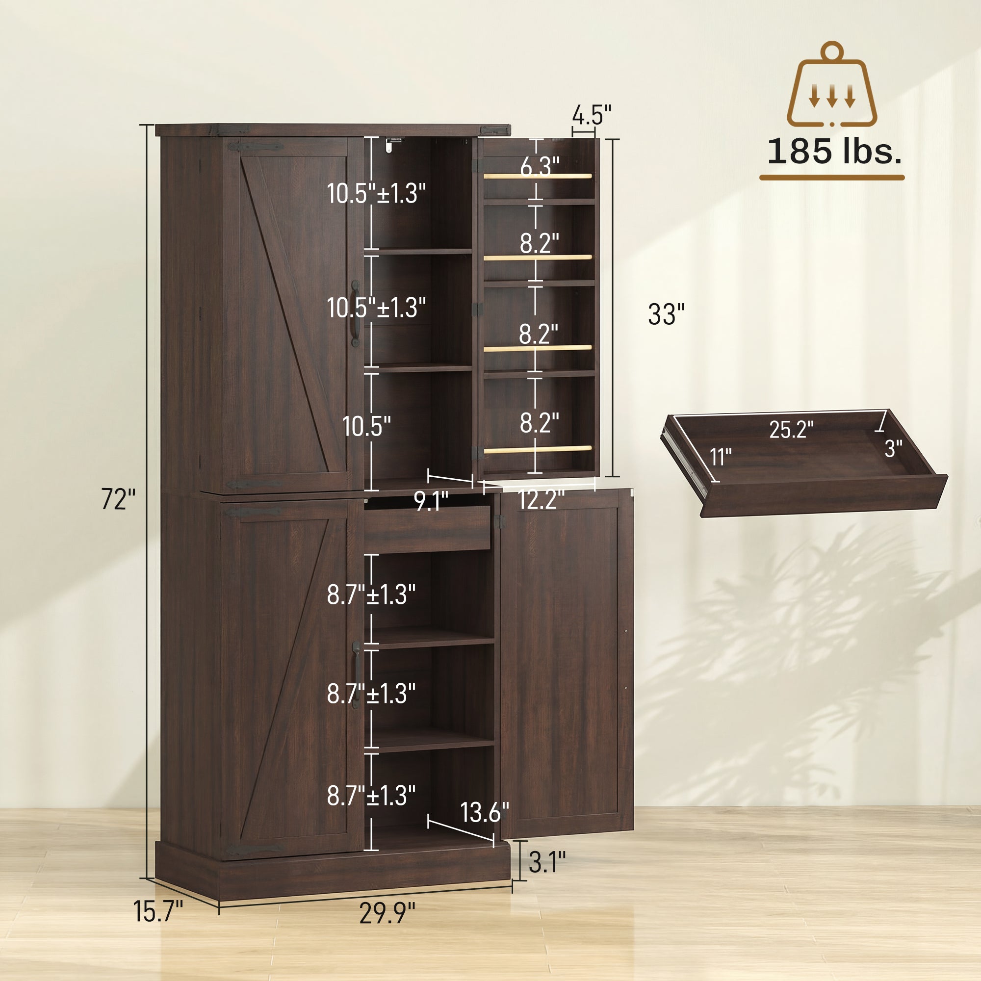 72" Tall Kitchen Pantry Cabinet, Farmhouse Storage Cabinet with 8 Door Racks and Drawer, Freestanding Food Pantry with Adjustable Shelves and Barn Doors, Distressed Brown