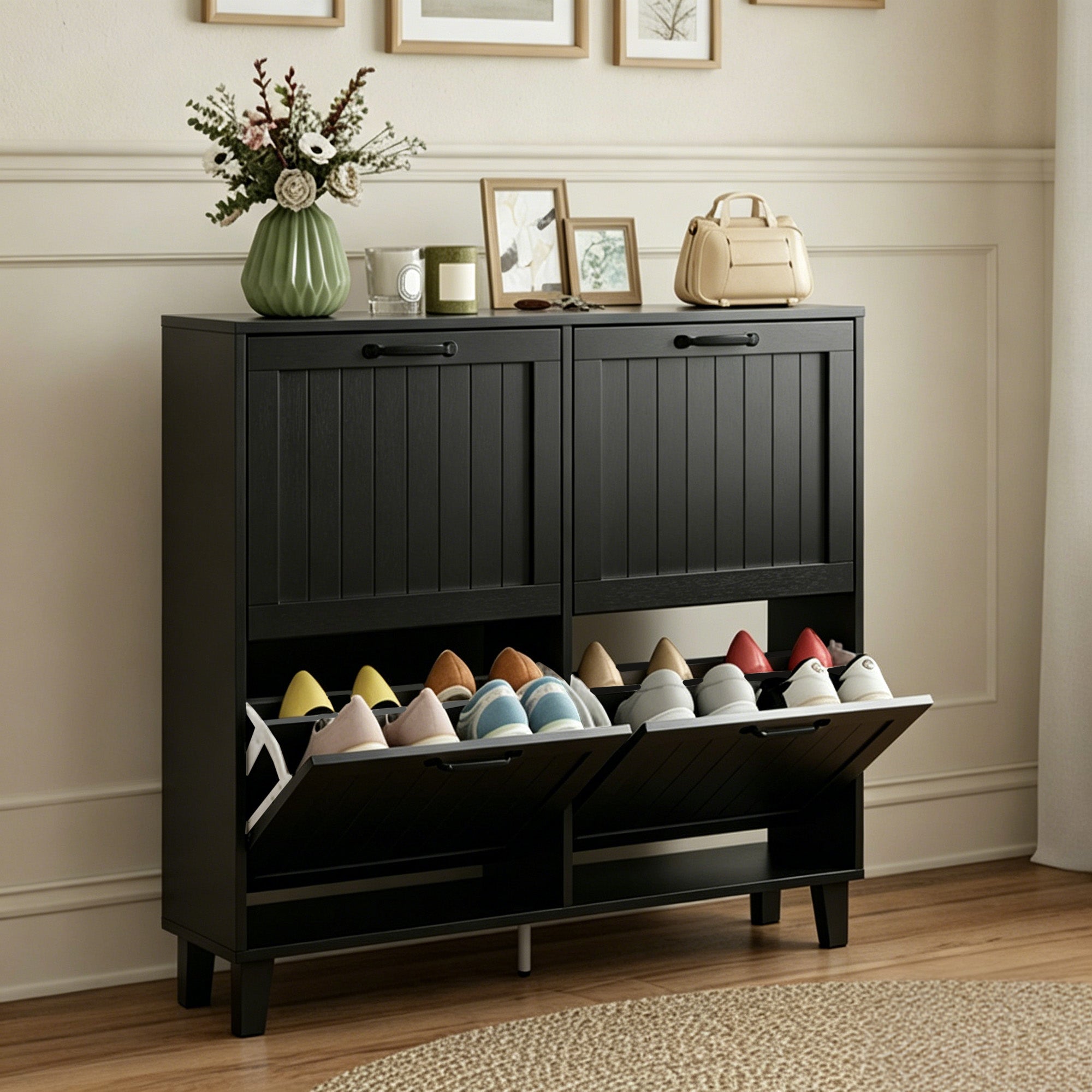 Shoe Cabinet with 4 Flip Drawers, Freestanding Narrow Shoe Storage Cabinet with Adjustable Shelves, Open Back, Bamboo Legs for Entryway, Hallway, Holds 16-20 Pairs, Black