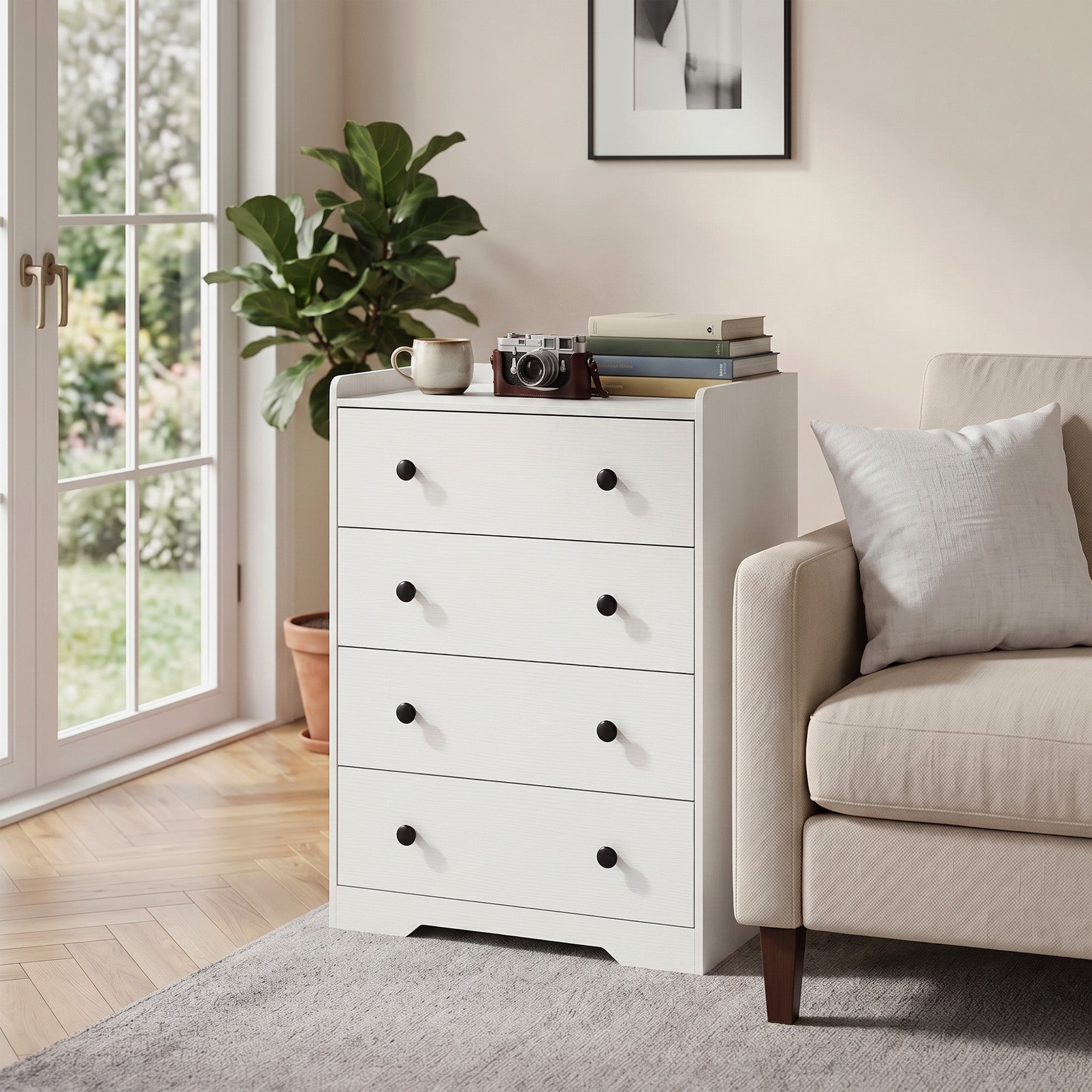 4 Drawer Chest of Drawers, Modern Dresser for Bedroom, Storage Cabinet for Living Room Entryway, White Wood Effect