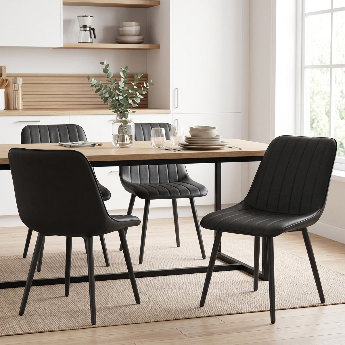 Dining Chairs Set of 4, Modern Faux Leather Upholstered Kitchen Chairs with Metal Legs for Dining Room, Kitchen, Living Room, Black