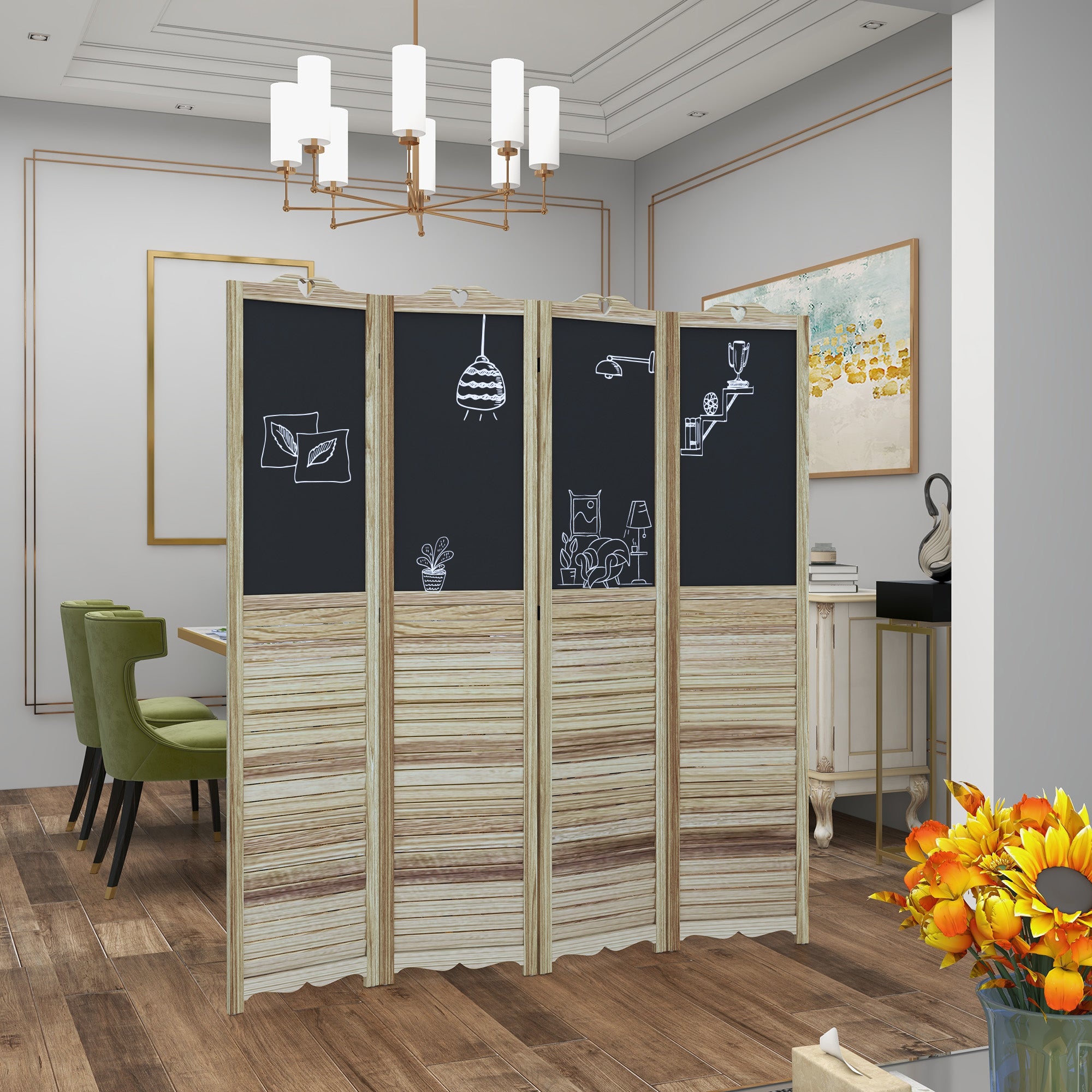 5.5' Wooden Room Divider, 4 Panel Folding Privacy Screen, Blackboard, White