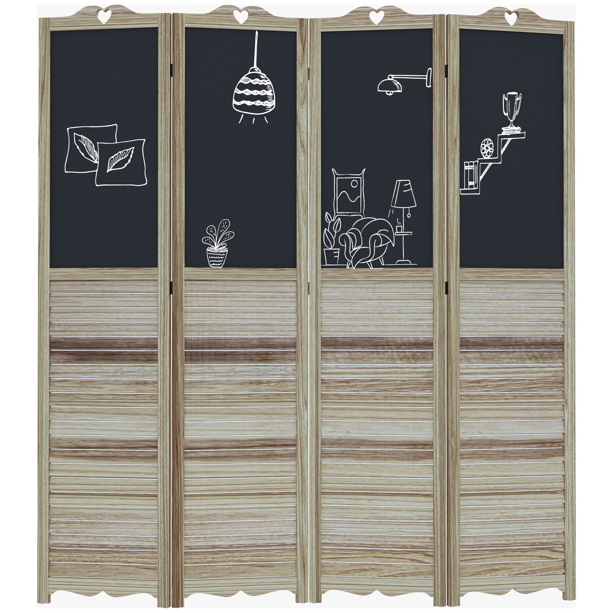 5.5' Wooden Room Divider, 4 Panel Folding Privacy Screen, Blackboard, White