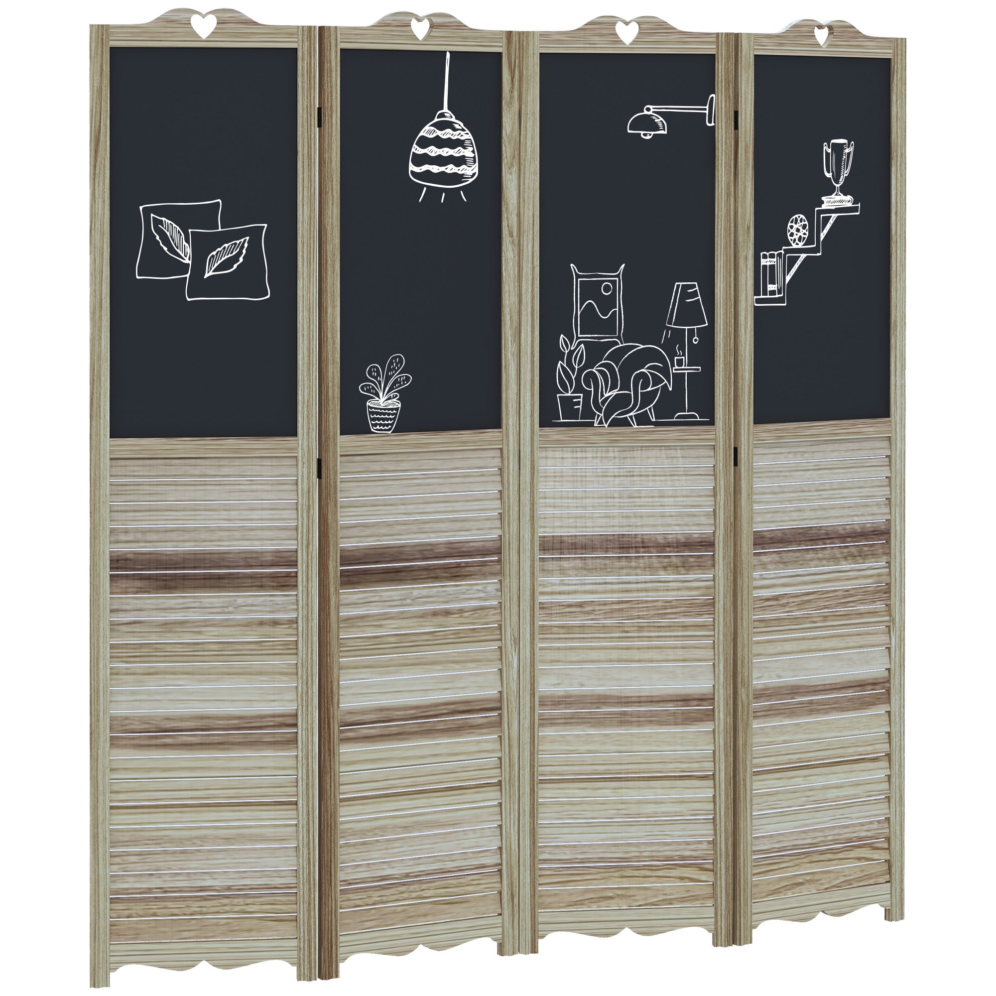5.5' Wooden Room Divider, 4 Panel Folding Privacy Screen, Blackboard, White