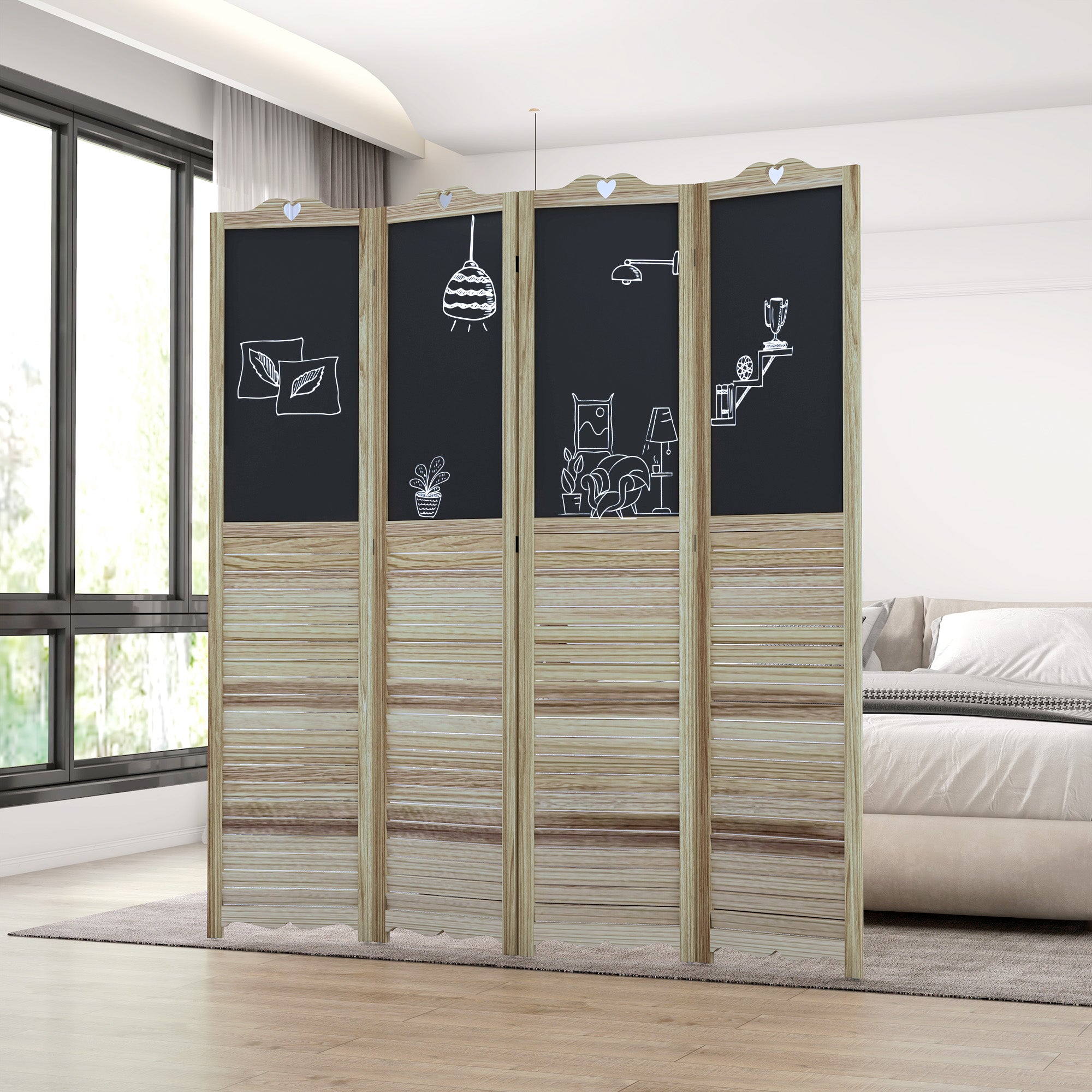 5.5' Wooden Room Divider, 4 Panel Folding Privacy Screen, Blackboard, White