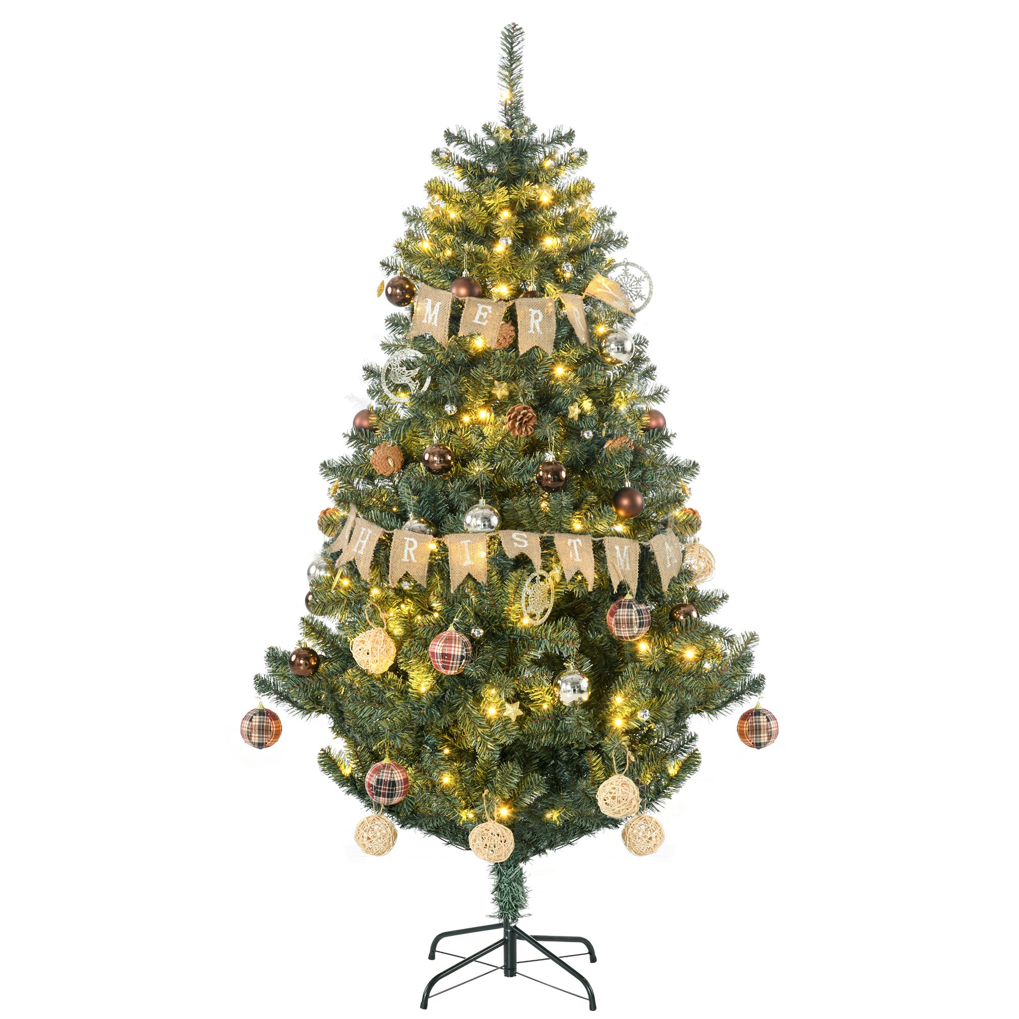 HOMCOM 6ft Pre Lit Artificial Christmas Tree Holiday Décor with 150 Warm White LED Lights and 650 Tips, Banner, Ball, Tag, Tree Decoration, Auto Open