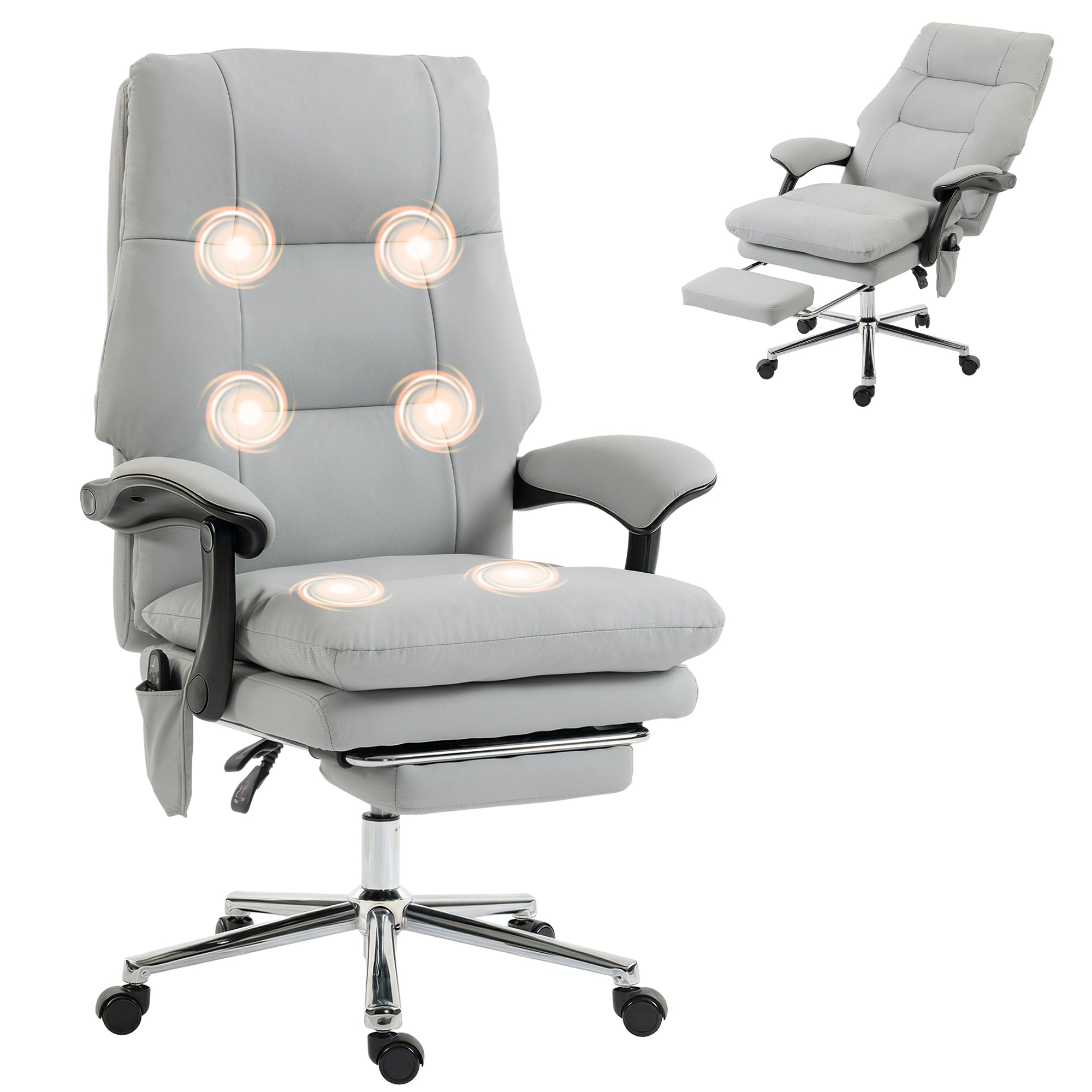 Massage Office Chair with 6-Point Vibration, Pet-Friendly Faux Leather Ergonomic Executive Desk Chair with Double-Layer Spring Cushions, Wide Seat, High Back, Reclining, Footrest, Light Gray