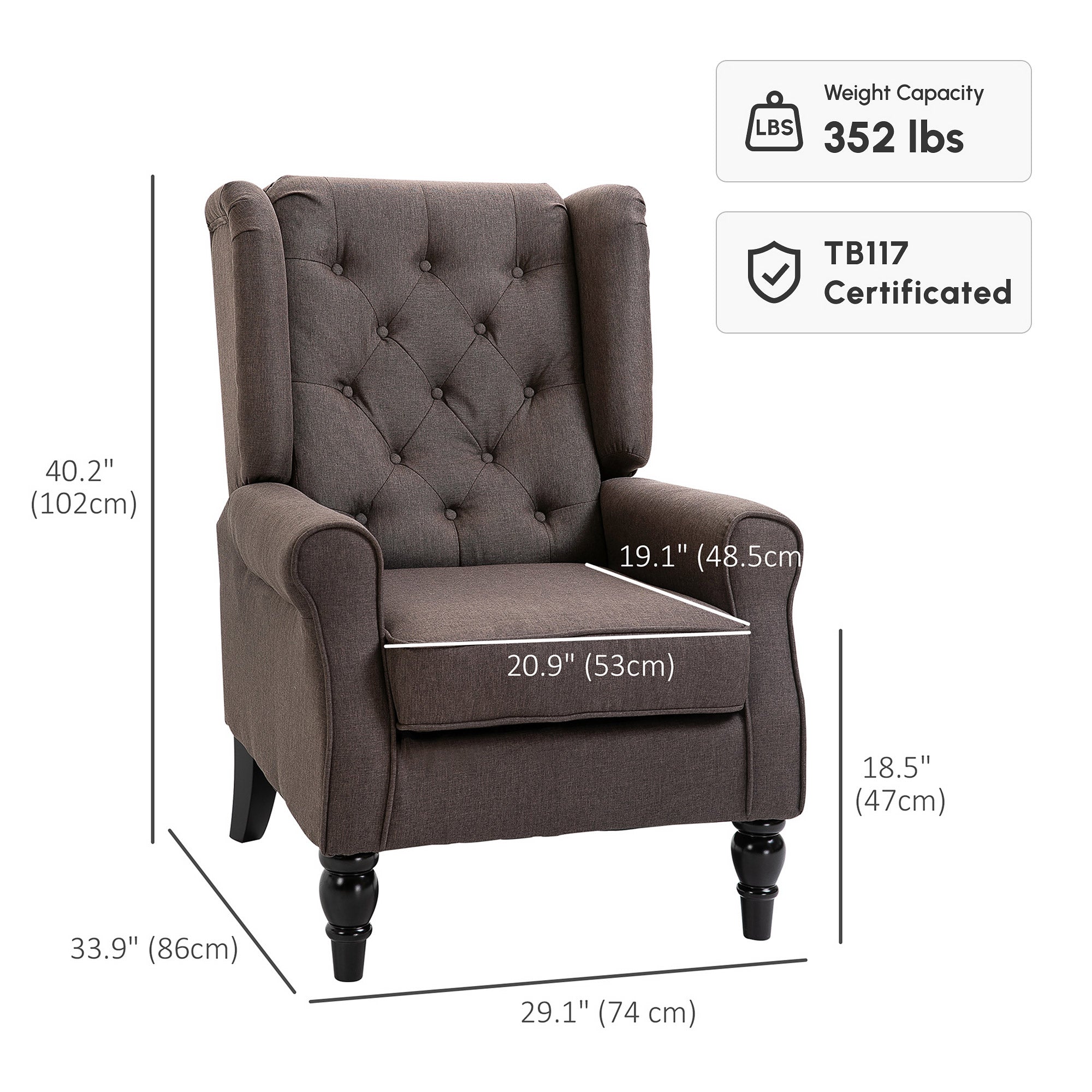 Mid-CenturyAccent Chair w/ High Wingback, Button-Tufted Fabric & Retro Wood Legs, Dark Brown