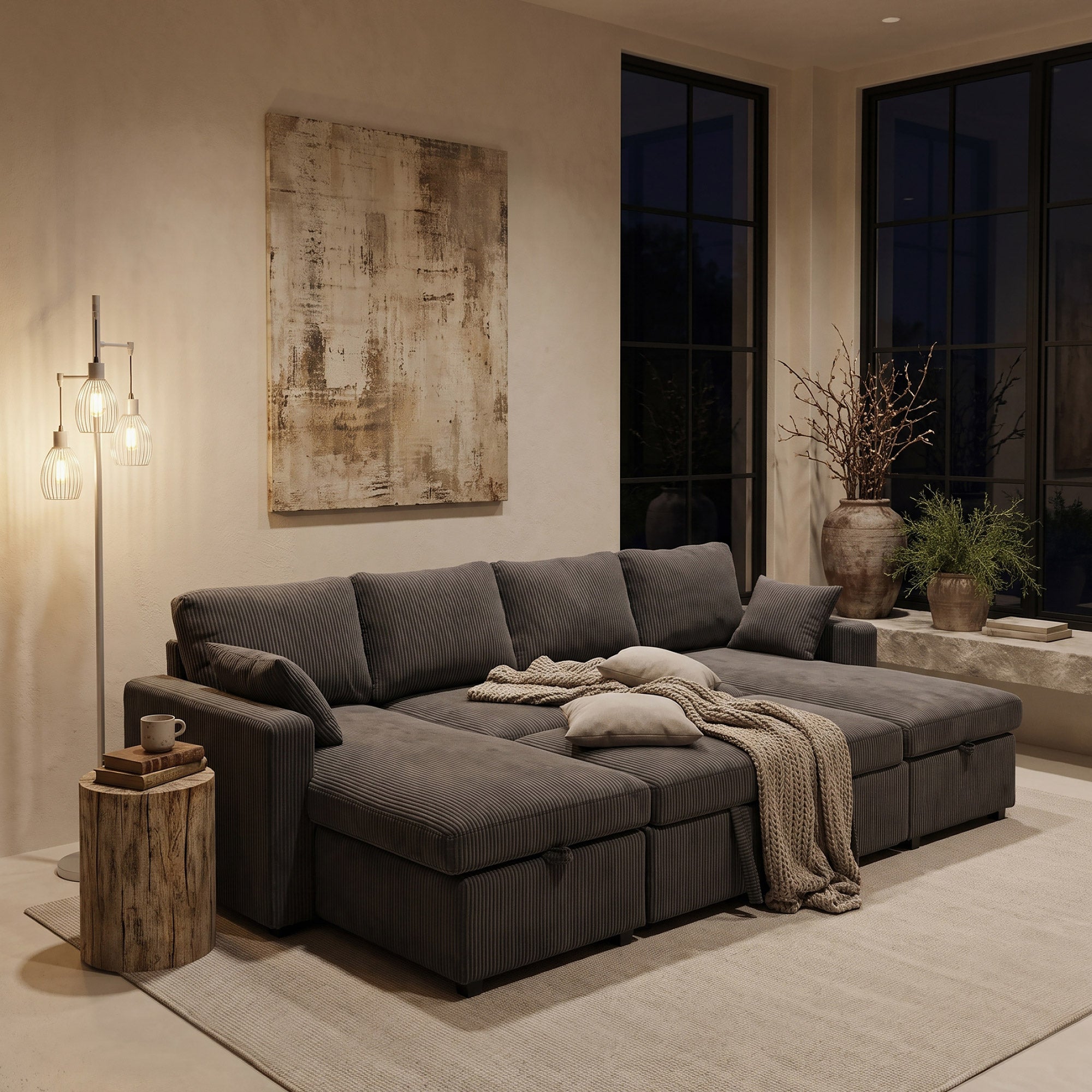 FlexLiving 111" U-Shaped Dual-Storage Sleeper Sectional, Charcoal Grey
