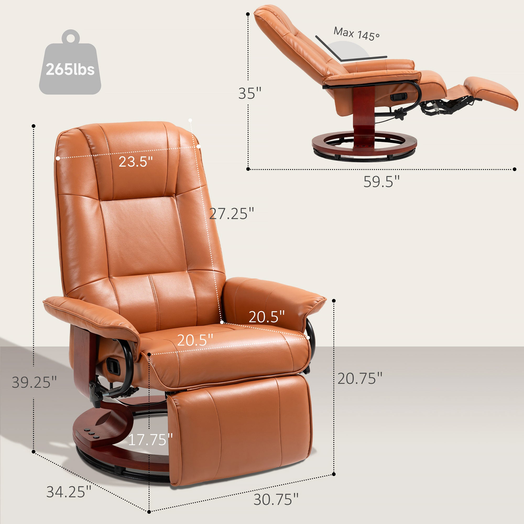 EaseRest Faux Leather Recliner Chair, Swivel Recliner w/ Footrest, Armrest & Wood Base, Light Brown - HOMCOM