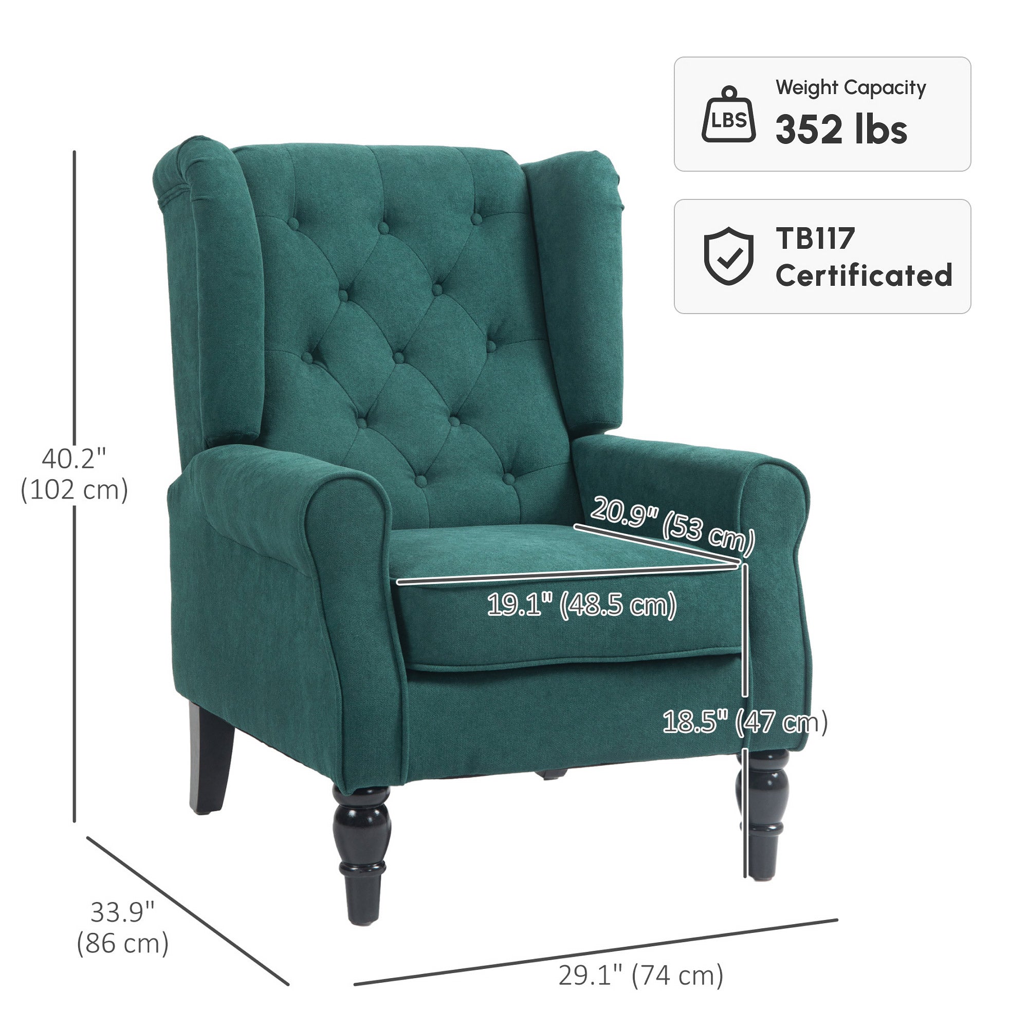 Mid-Century Accent Chair w/ High Wingback, Button-Tufted Fabric & Retro Wood Legs, Dark Green
