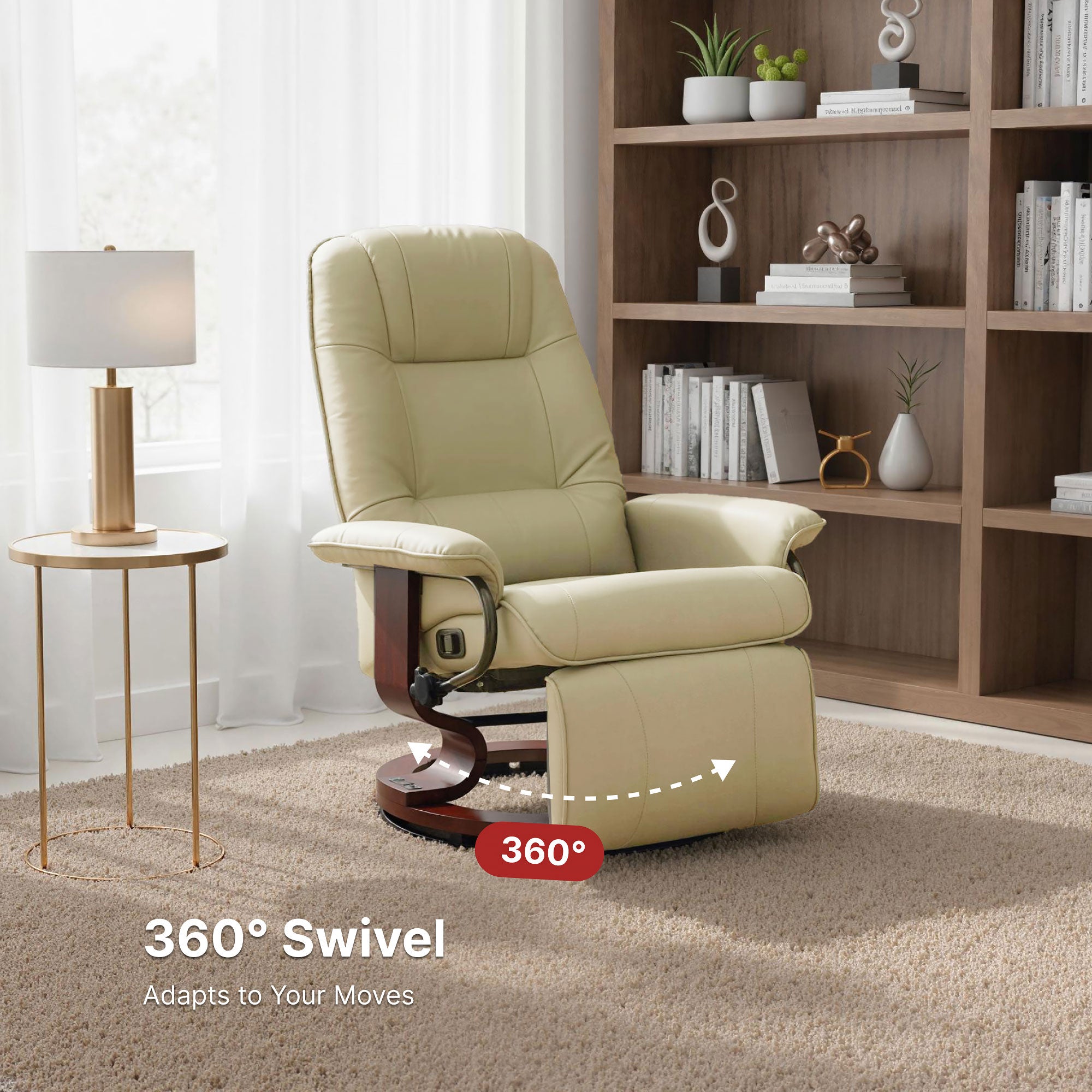 EaseRest Faux Leather Recliner Chair, Swivel Recliner w/ Footrest, Armrest & Wood Base, Cream White - HOMCOM