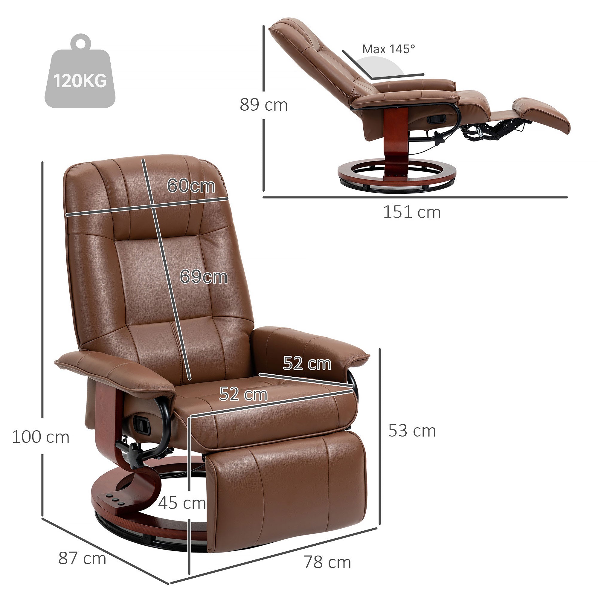 Manual Recliner Chair with Faux Leather Upholstered & Wooden Base for Living Room, Brown - HOMCOM