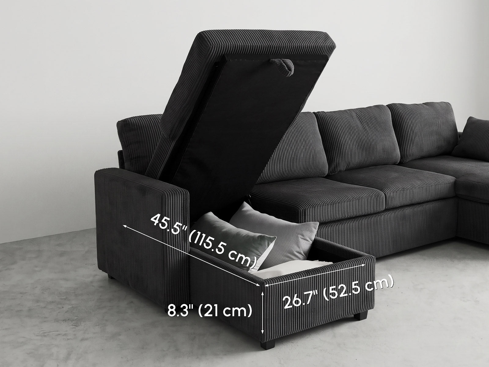 FlexLiving 111" U-Shaped Dual-Storage Sleeper Sectional, Charcoal Grey