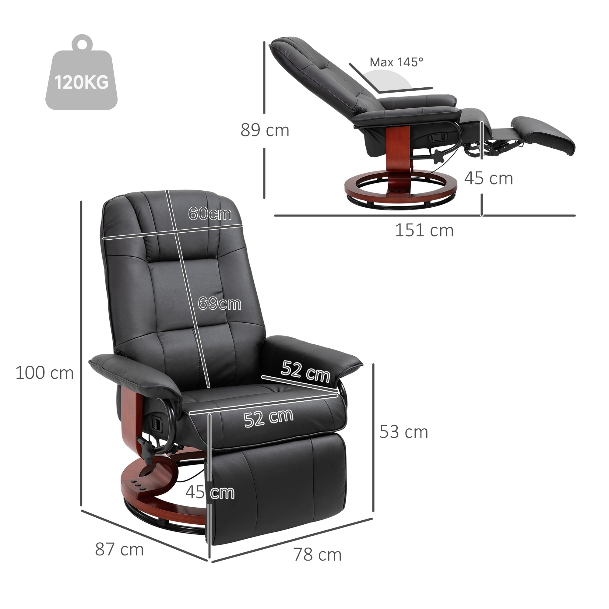 Manual Recliner Chair with Faux Leather Upholstered & Wooden Base for Living Room, Black - HOMCOM