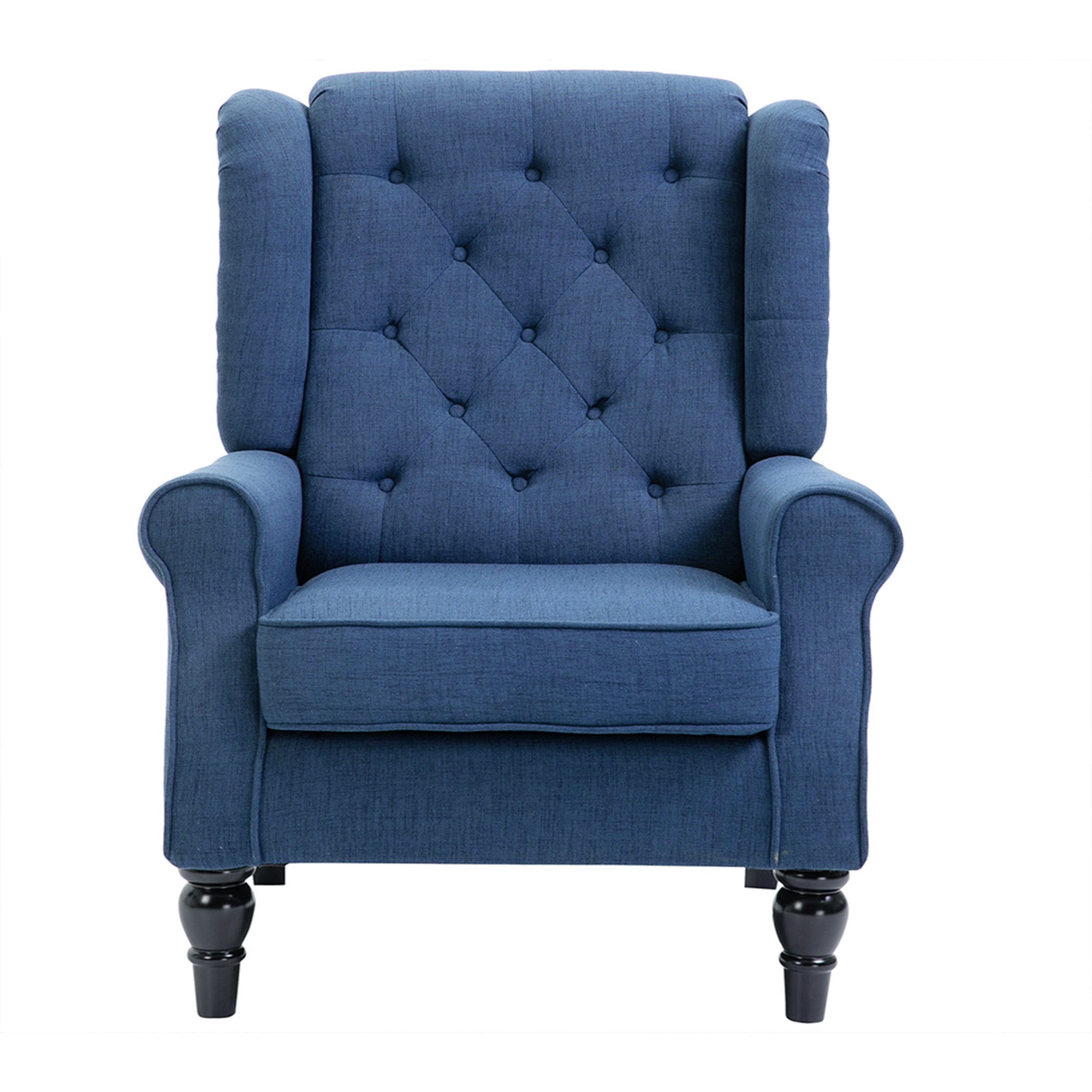 Mid-Century Accent Chair w/ High Wingback, Button-Tufted Fabric & Retro Wood Legs, Blue