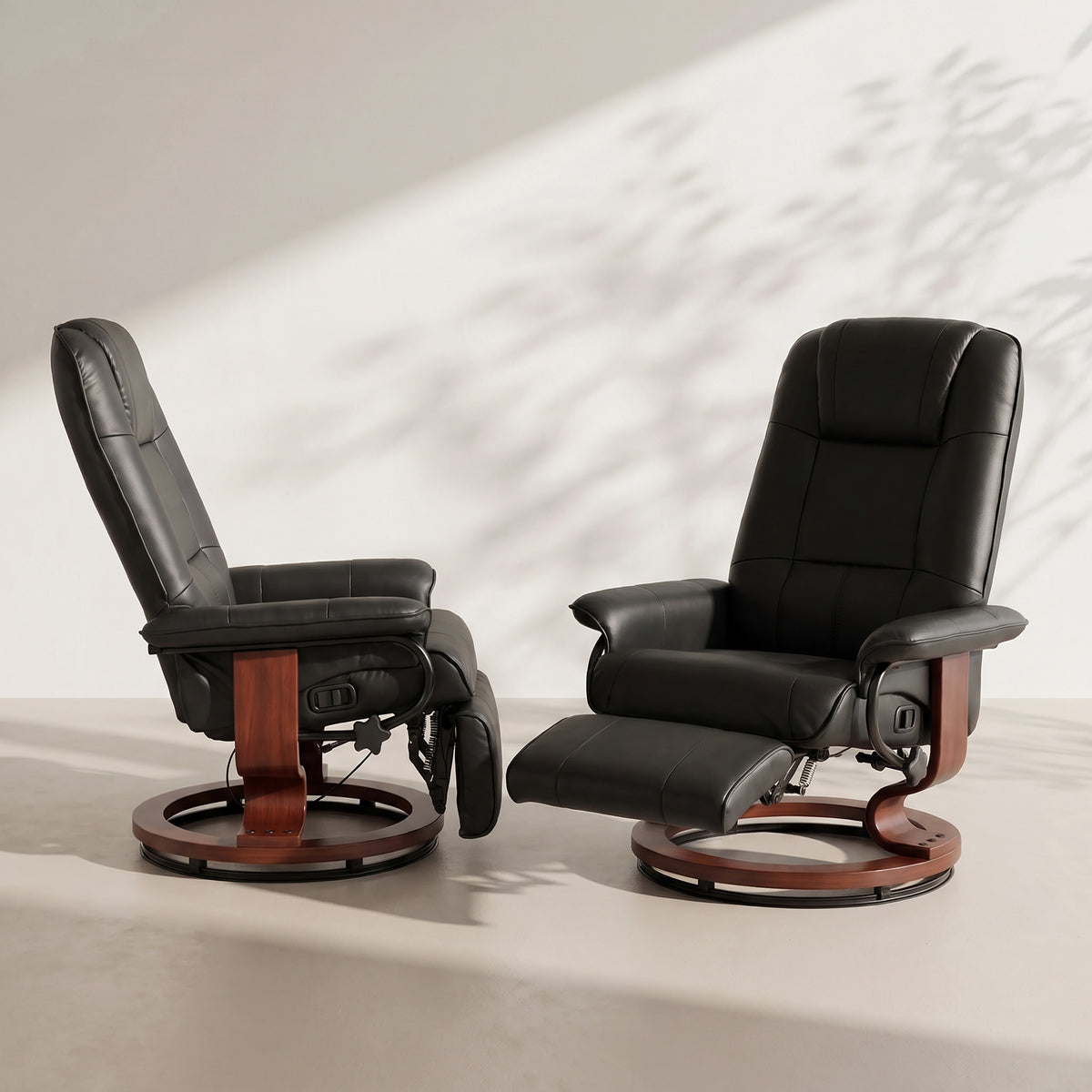 EaseRest 2-Piece Faux Leather Recliner Chair Set, Swivel Recliners with Footrests, Armrests & Wood Bases, Black