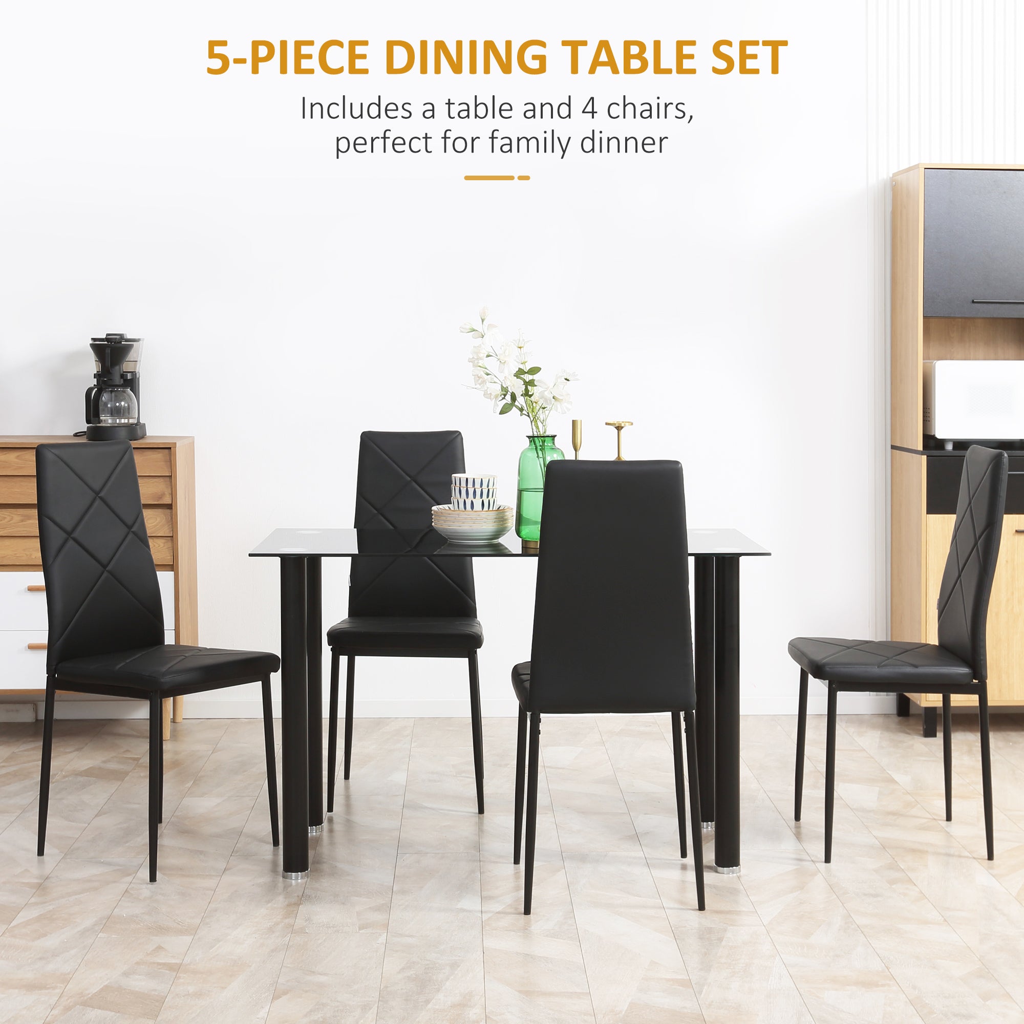 HOMCOM Dining Table and Chairs Set 4, Space-Saving Kitchen Table and Chairs Set 4 with Faux Leather Padded Seat and Tempered Glass Top, Dining Room Sets, Black