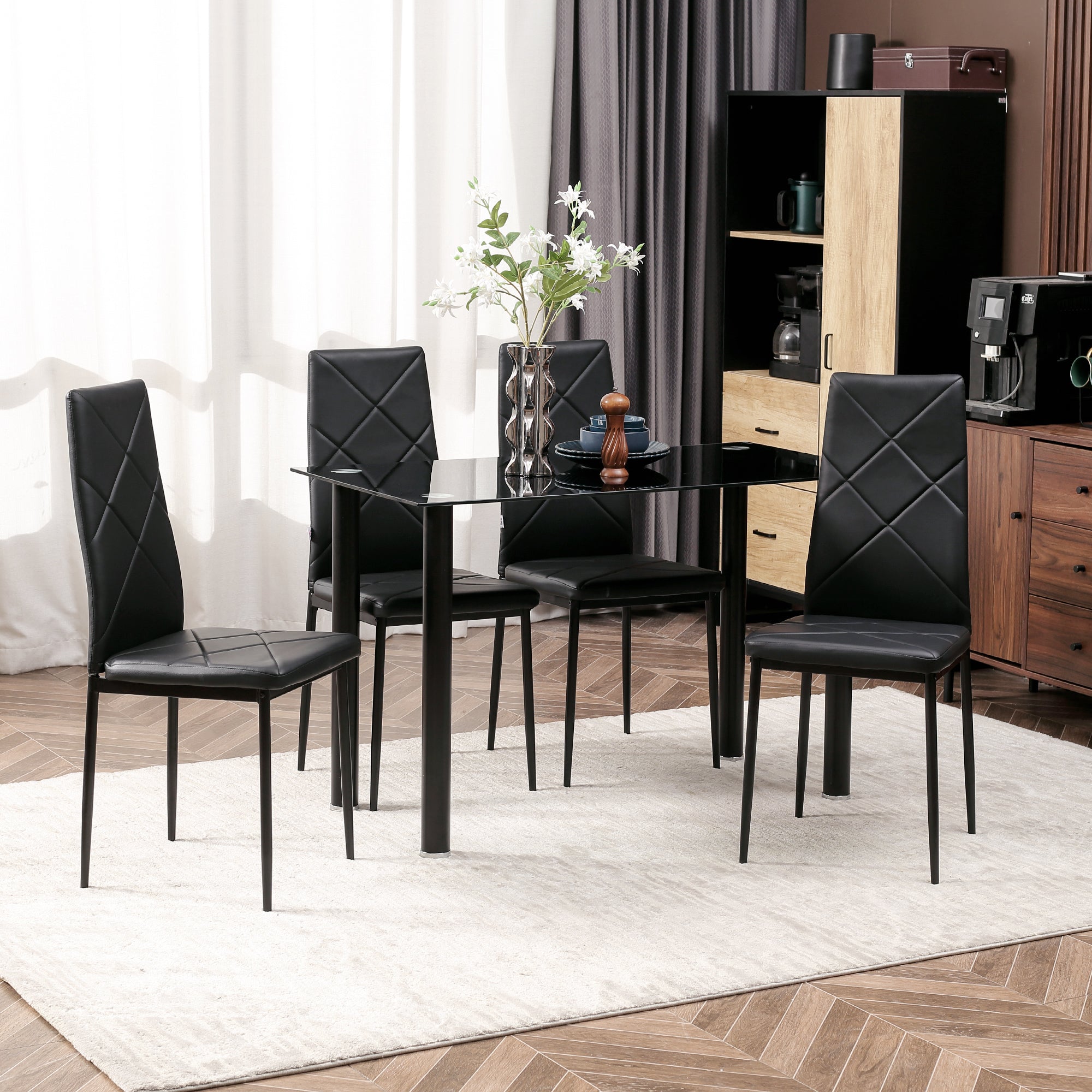 HOMCOM Dining Table and Chairs Set 4, Space-Saving Kitchen Table and Chairs Set 4 with Faux Leather Padded Seat and Tempered Glass Top, Dining Room Sets, Black