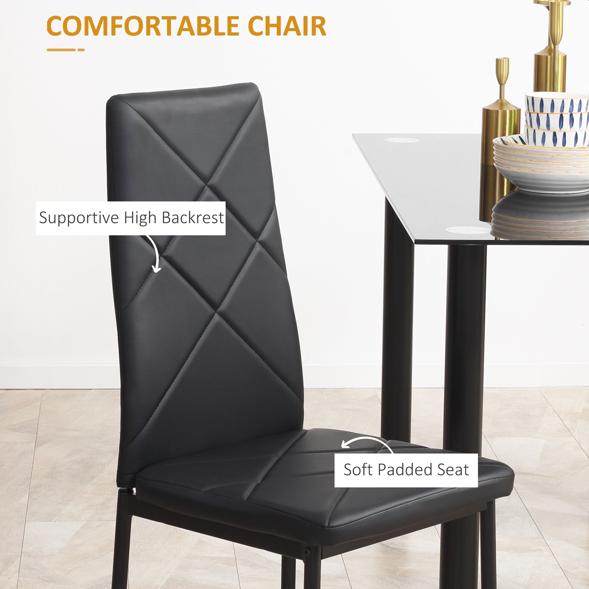 HOMCOM Dining Table and Chairs Set 4, Space-Saving Kitchen Table and Chairs Set 4 with Faux Leather Padded Seat and Tempered Glass Top, Dining Room Sets, Black