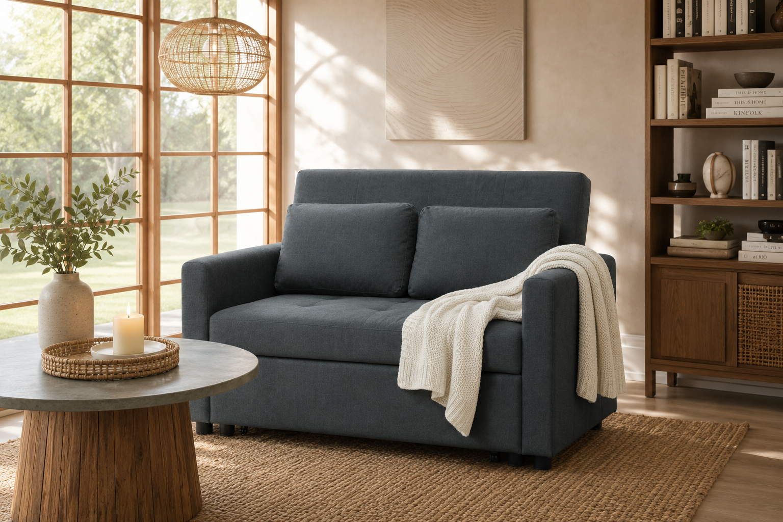 Modern Fabric Loveseat Sofa Bed with Cushions & Side Pockets for Living Room, Blue