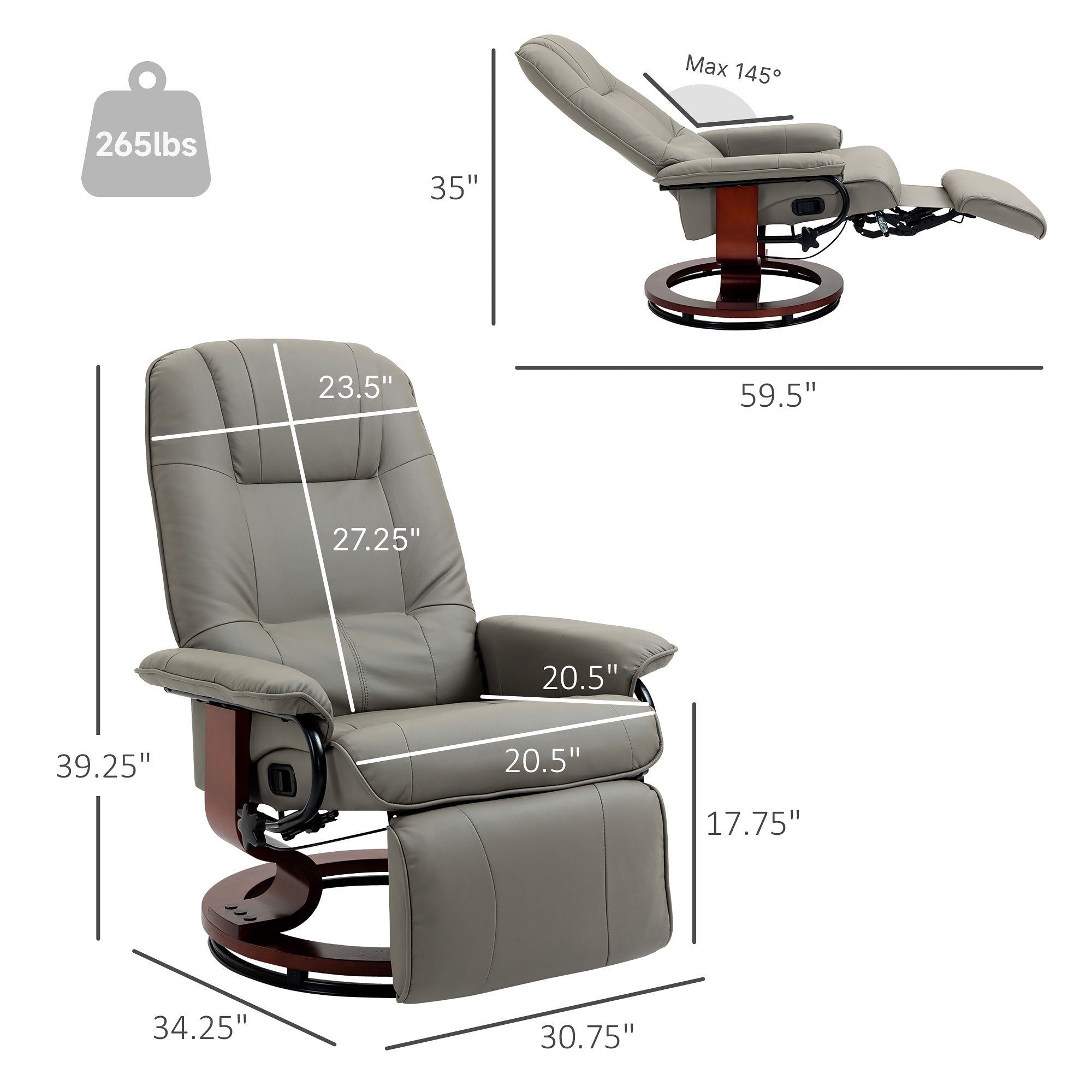 EaseRest Faux Leather Recliner Chair, Swivel Recliner w/ Footrest, Armrest & Wood Base, Gray - HOMCOM