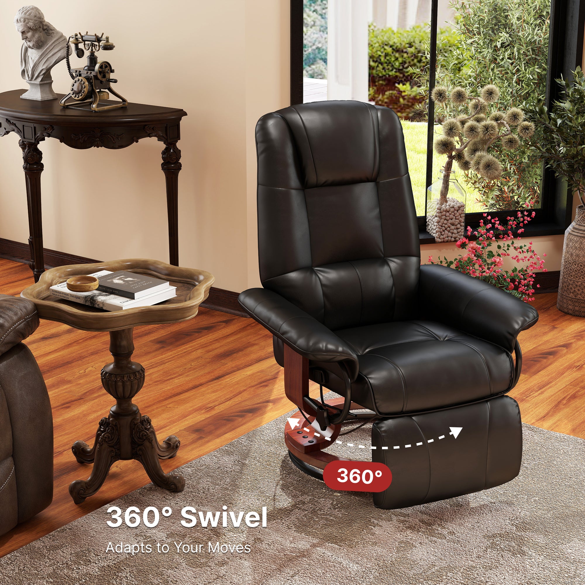 Manual Recliner Chair with Faux Leather Upholstered & Wooden Base for Living Room, Black - HOMCOM