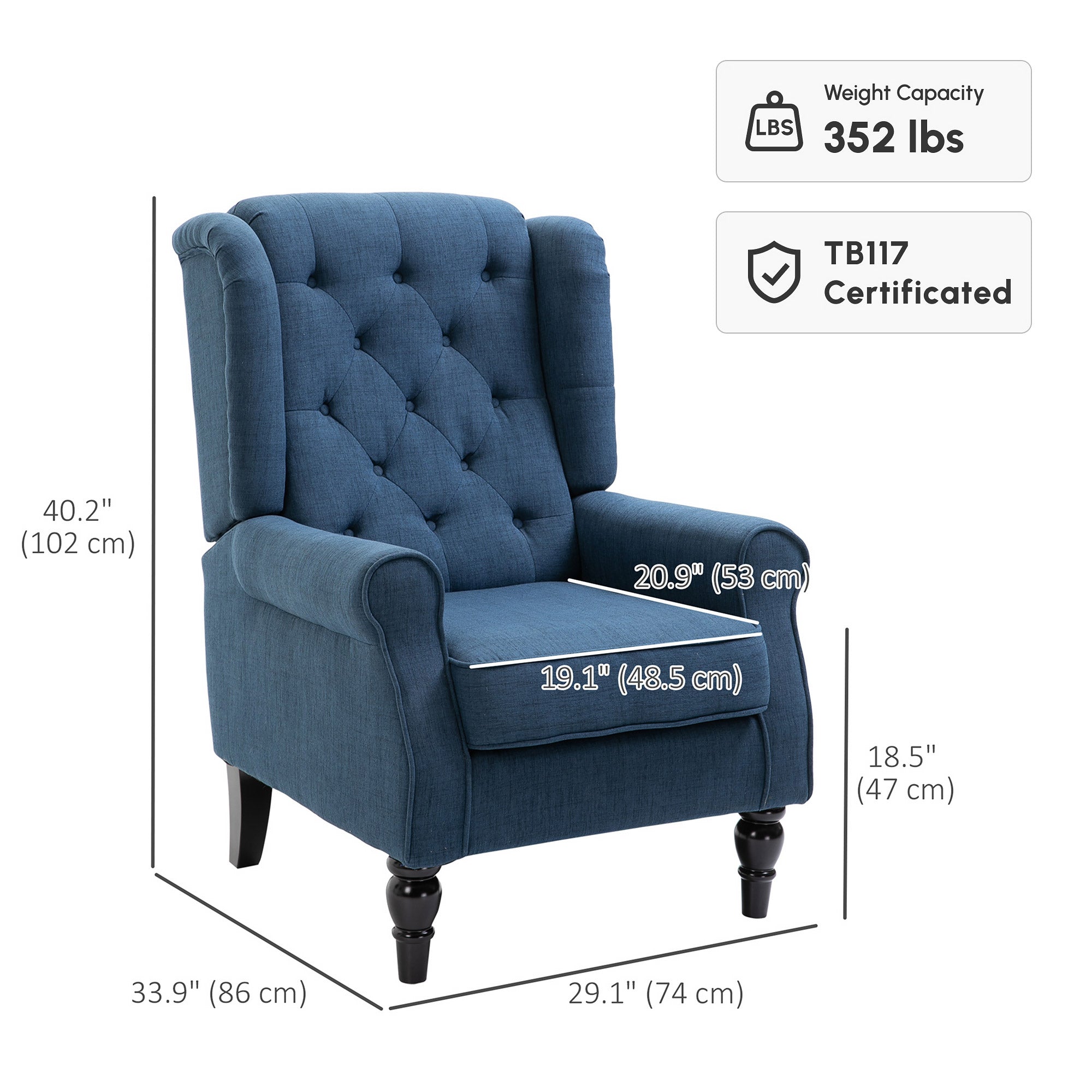 Mid-Century Accent Chair w/ High Wingback, Button-Tufted Fabric & Retro Wood Legs, Blue