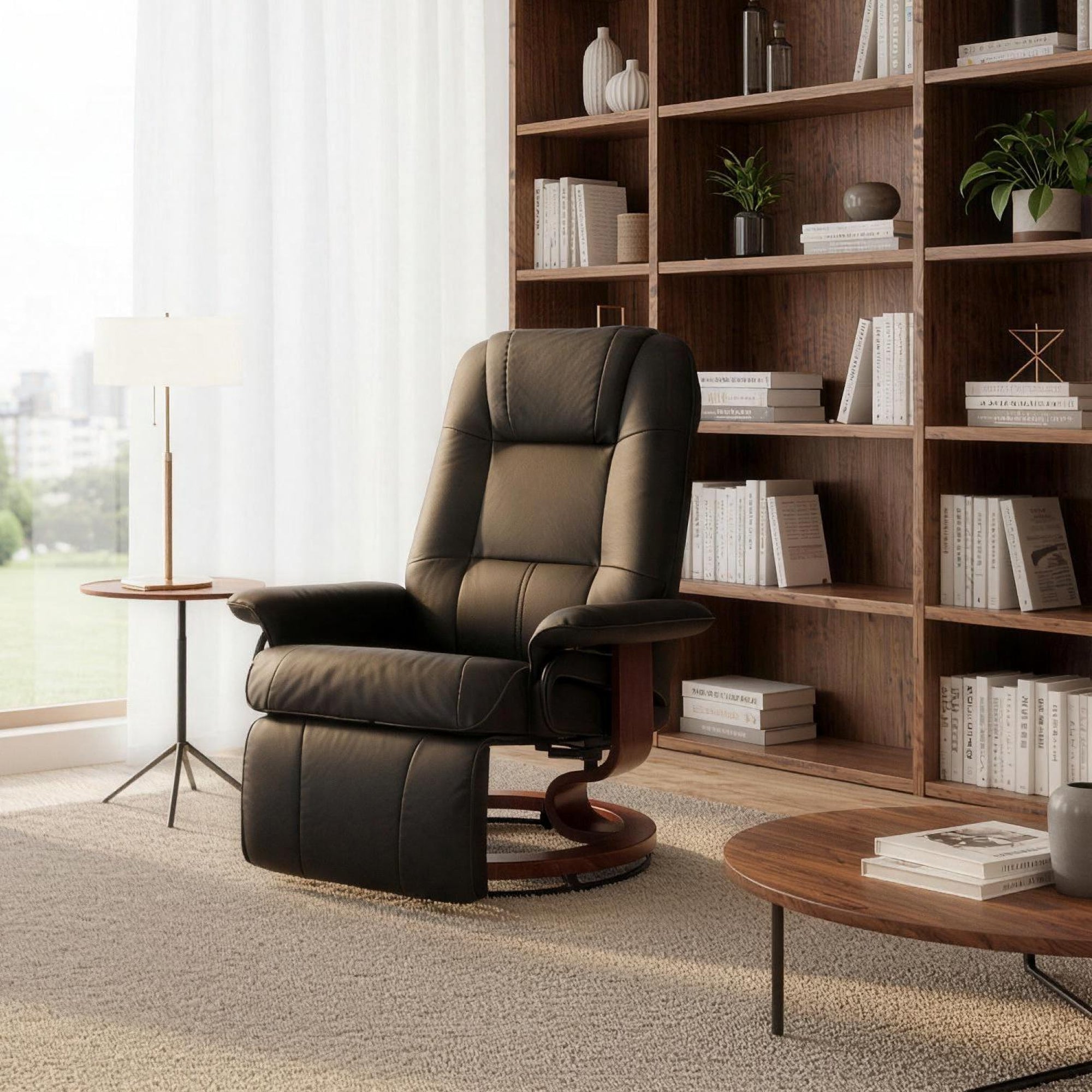 Manual Recliner Chair with Faux Leather Upholstered & Wooden Base for Living Room, Black - HOMCOM