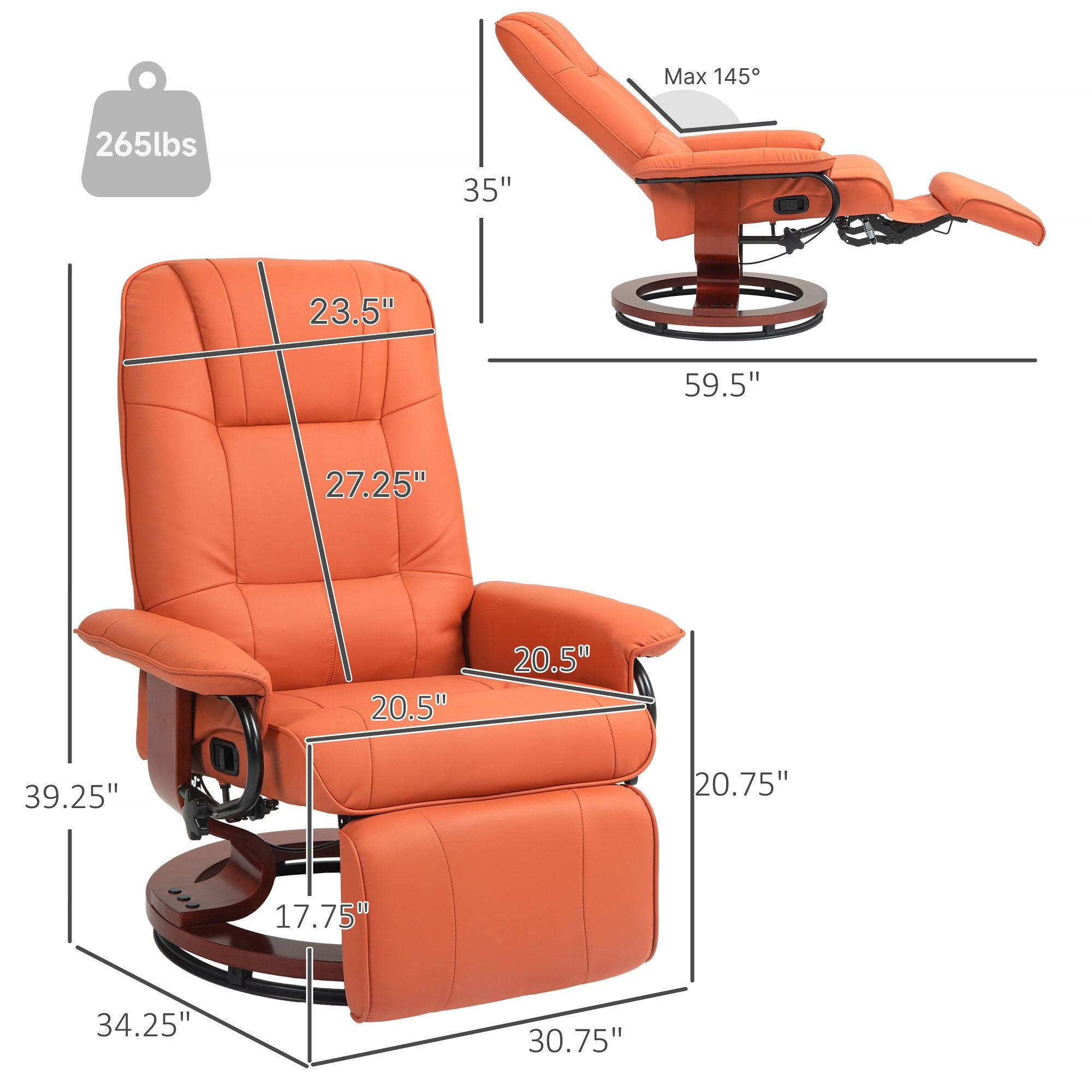 EaseRest Faux Leather Recliner Chair, Swivel Recliner w/ Footrest, Armrest & Wood Base, Orange - HOMCOM