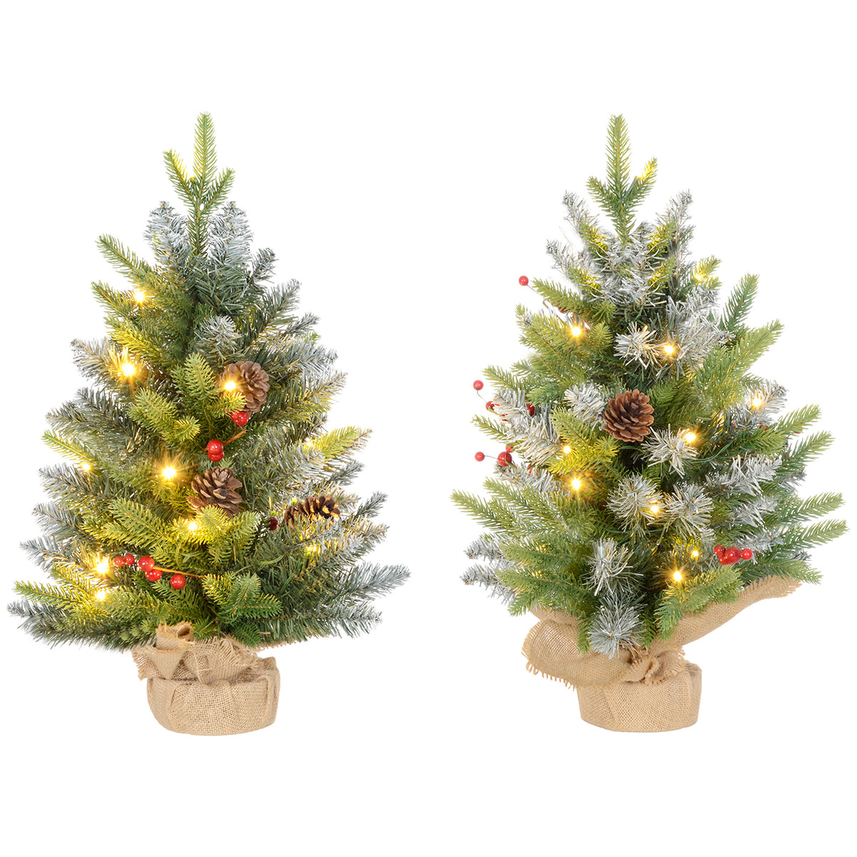 Set of 2 2ft Pre-Lit Artificial Christmas Trees with 20 Warm White Lights and 141 Tips, Burlap Base, Xmas Tree for Home Office Holiday, Green