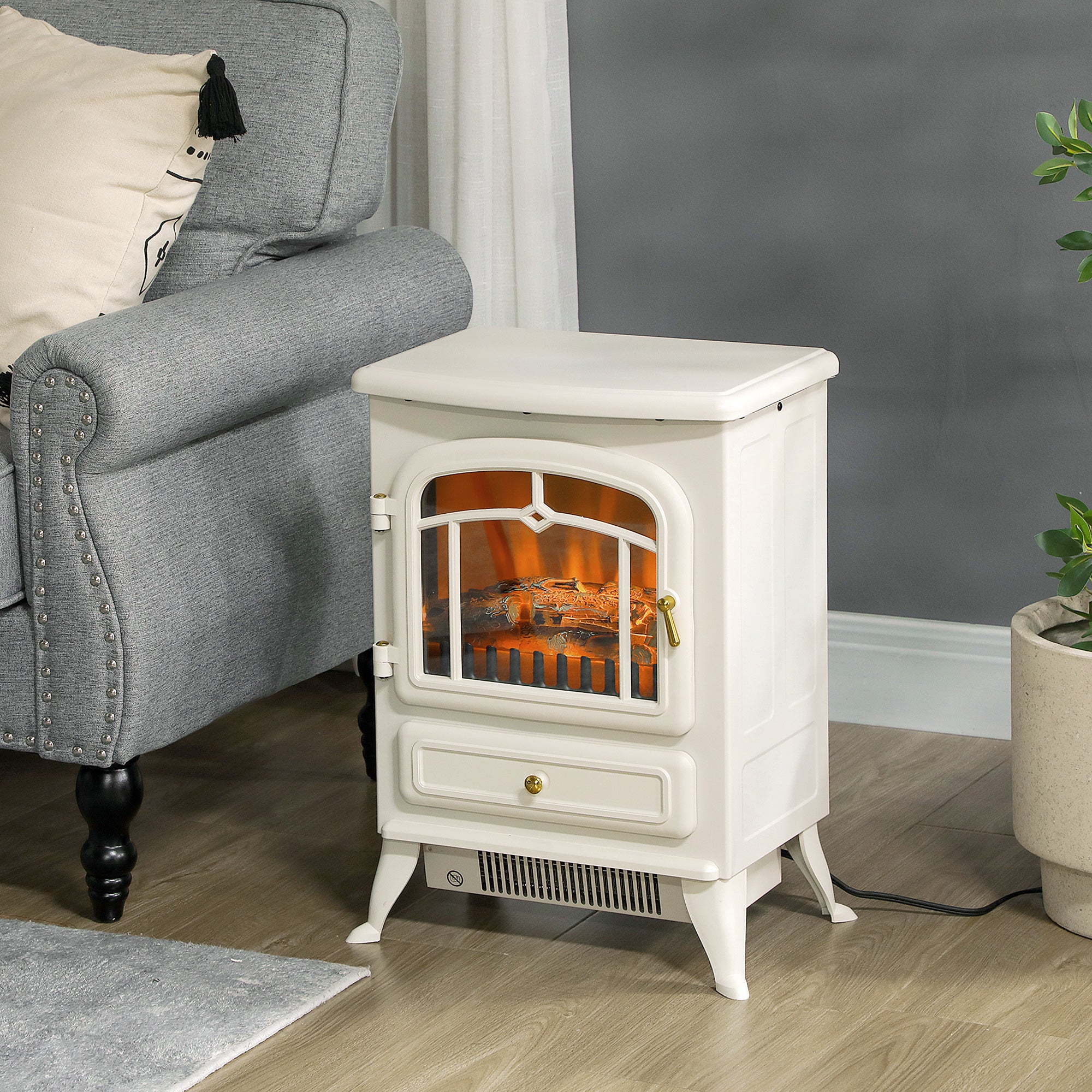 16" Freestanding Electric Fireplace Heater Fire Stove with Wood Burning Flame 750/1500W Beige