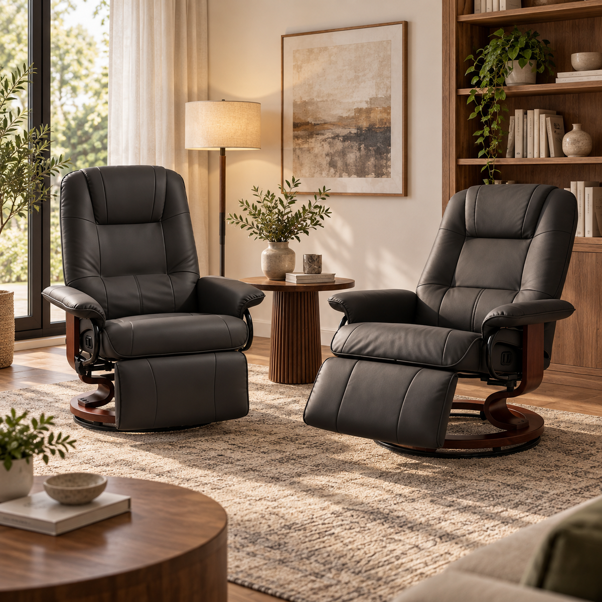 EaseRest 2-Piece Faux Leather Recliner Chair Set, Swivel Recliners with Footrests, Armrests & Wood Bases, Black