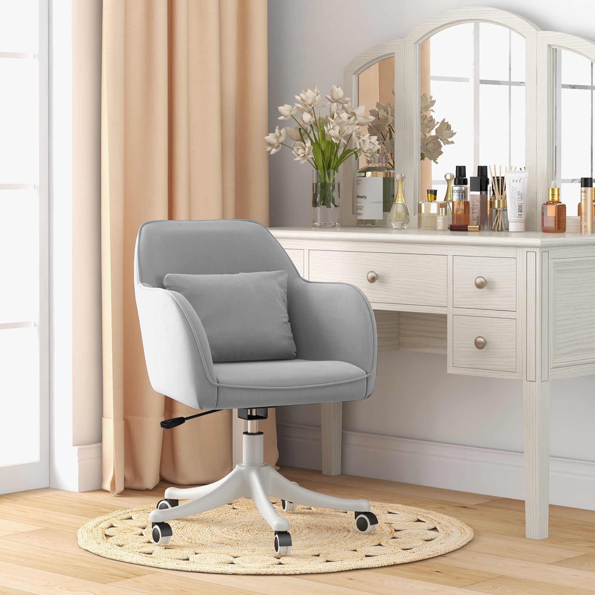 Vinsetto Velvet Office Chair, Desk Chair, Makeup Vanity Chair with Massage Lumbar Pillow and Rolling Wheels for Bedroom and Home, Grey