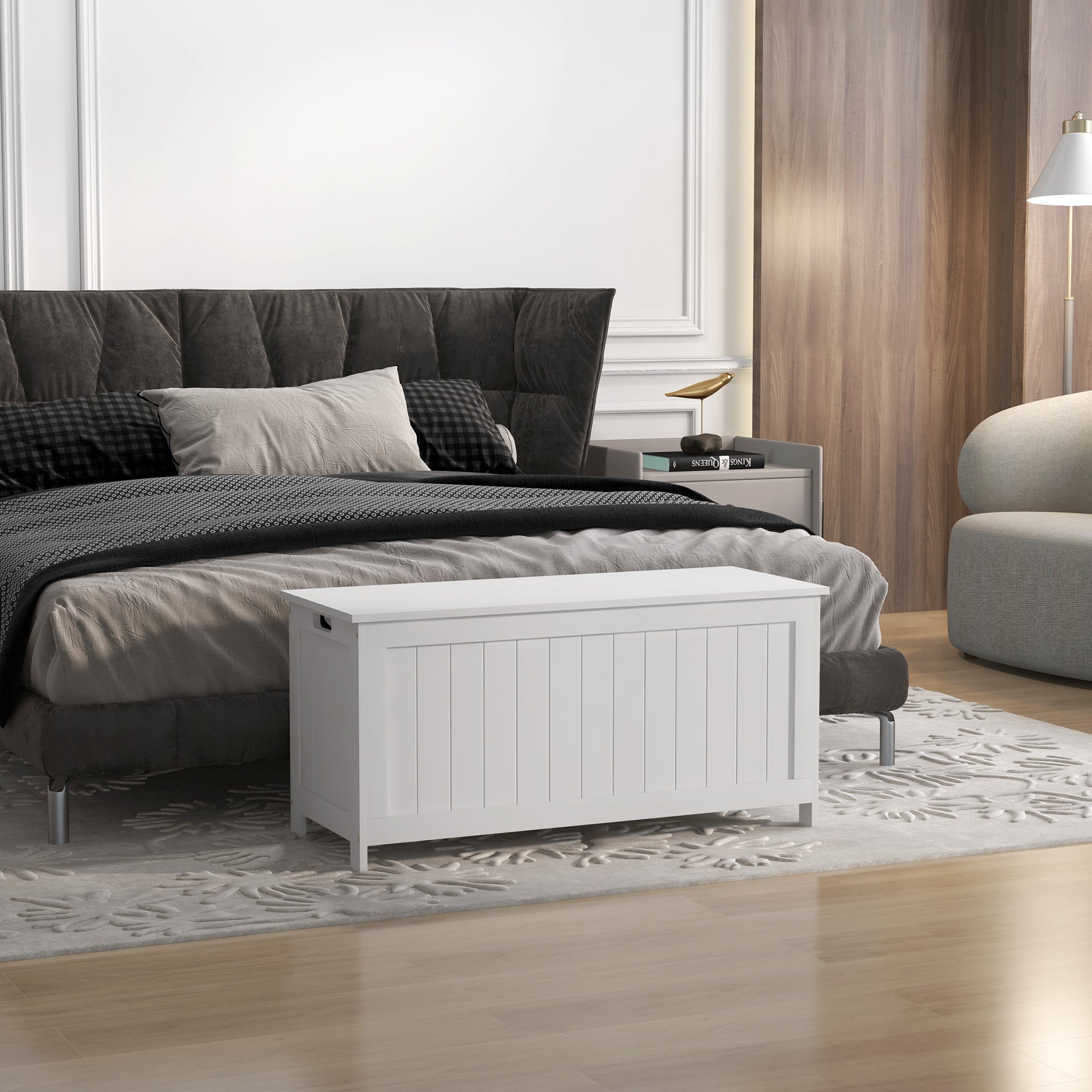 39.4" Storage Trunk w/ 2 Safety Hinges, Wooden Storage Bench w/ Side Handles, Storage Chest for Playroom, White