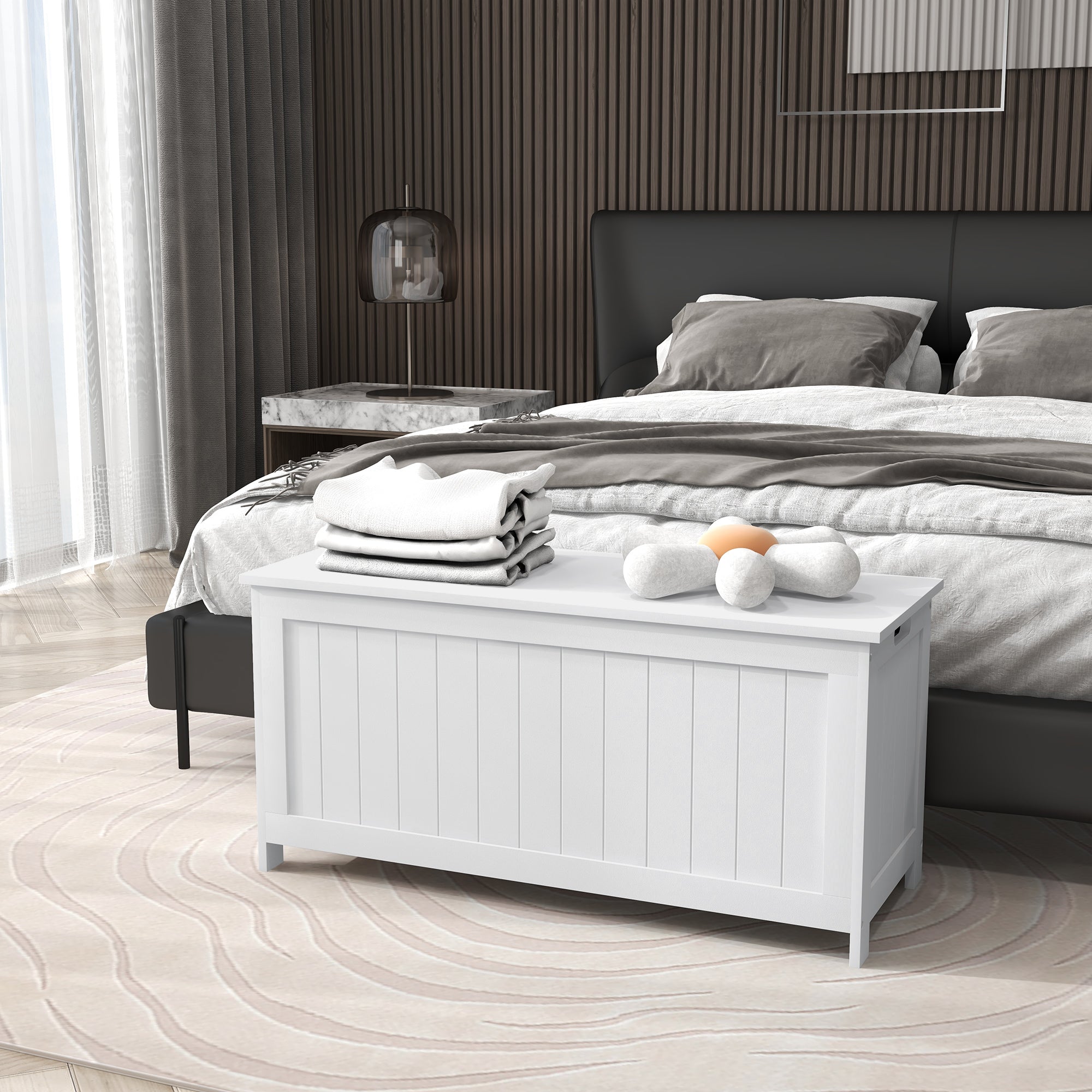 39.4" Storage Trunk w/ 2 Safety Hinges, Wooden Storage Bench w/ Side Handles, Storage Chest for Playroom, White