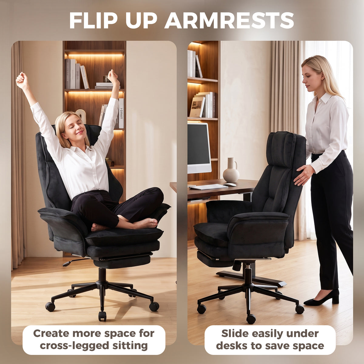 Cross Legged Office Chair with Footrest, 396 lbs Reclining Computer Desk Chair with High Back, Flip-up Armrests, Adjustable Height, Thick Cushion, Rocking Function, Black