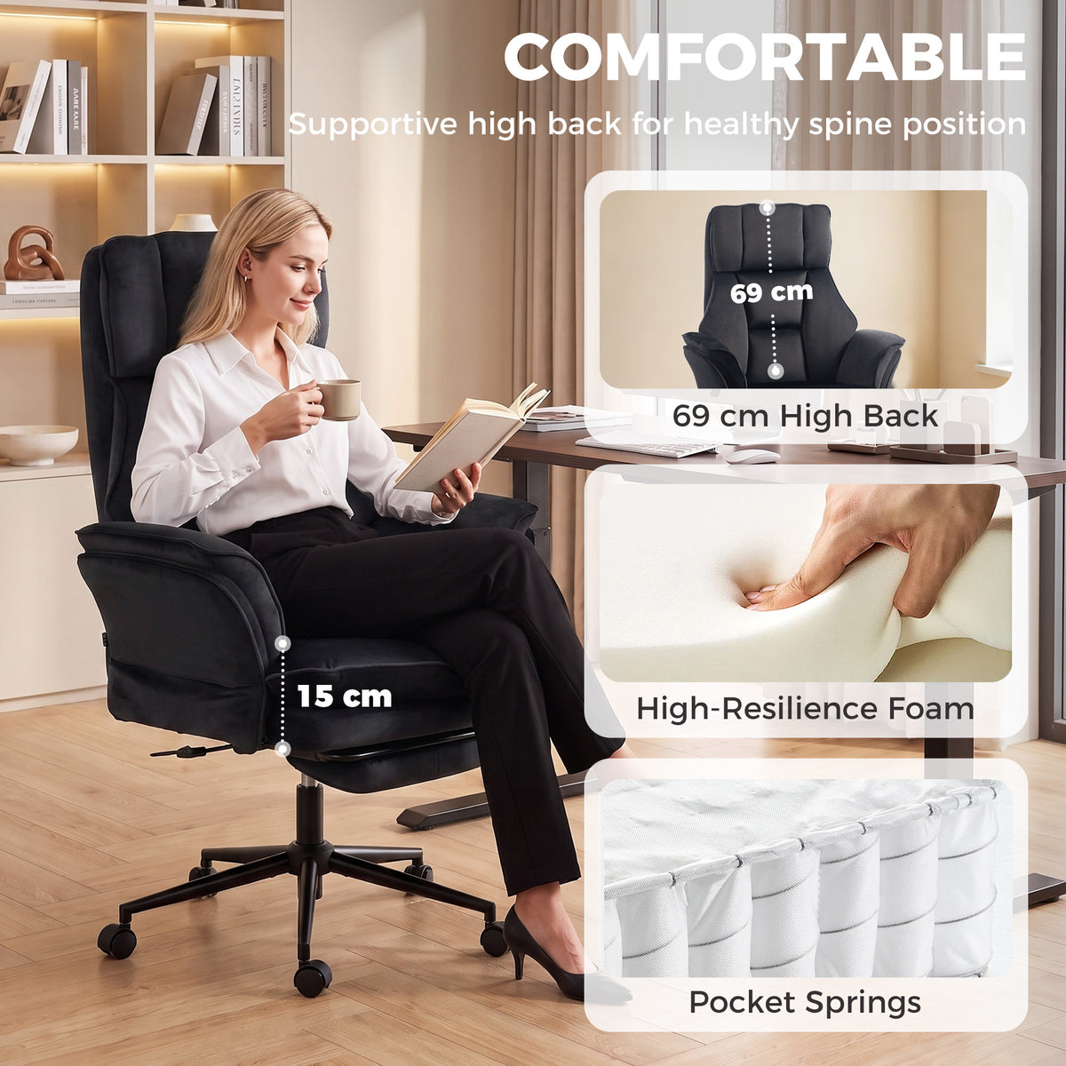Cross Legged Office Chair with Footrest, 396 lbs Reclining Computer Desk Chair with High Back, Flip-up Armrests, Adjustable Height, Thick Cushion, Rocking Function, Black
