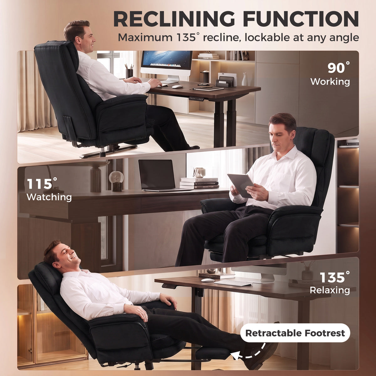 Cross Legged Office Chair with Footrest, 396 lbs Reclining Computer Desk Chair with High Back, Flip-up Armrests, Adjustable Height, Thick Cushion, Rocking Function, Black