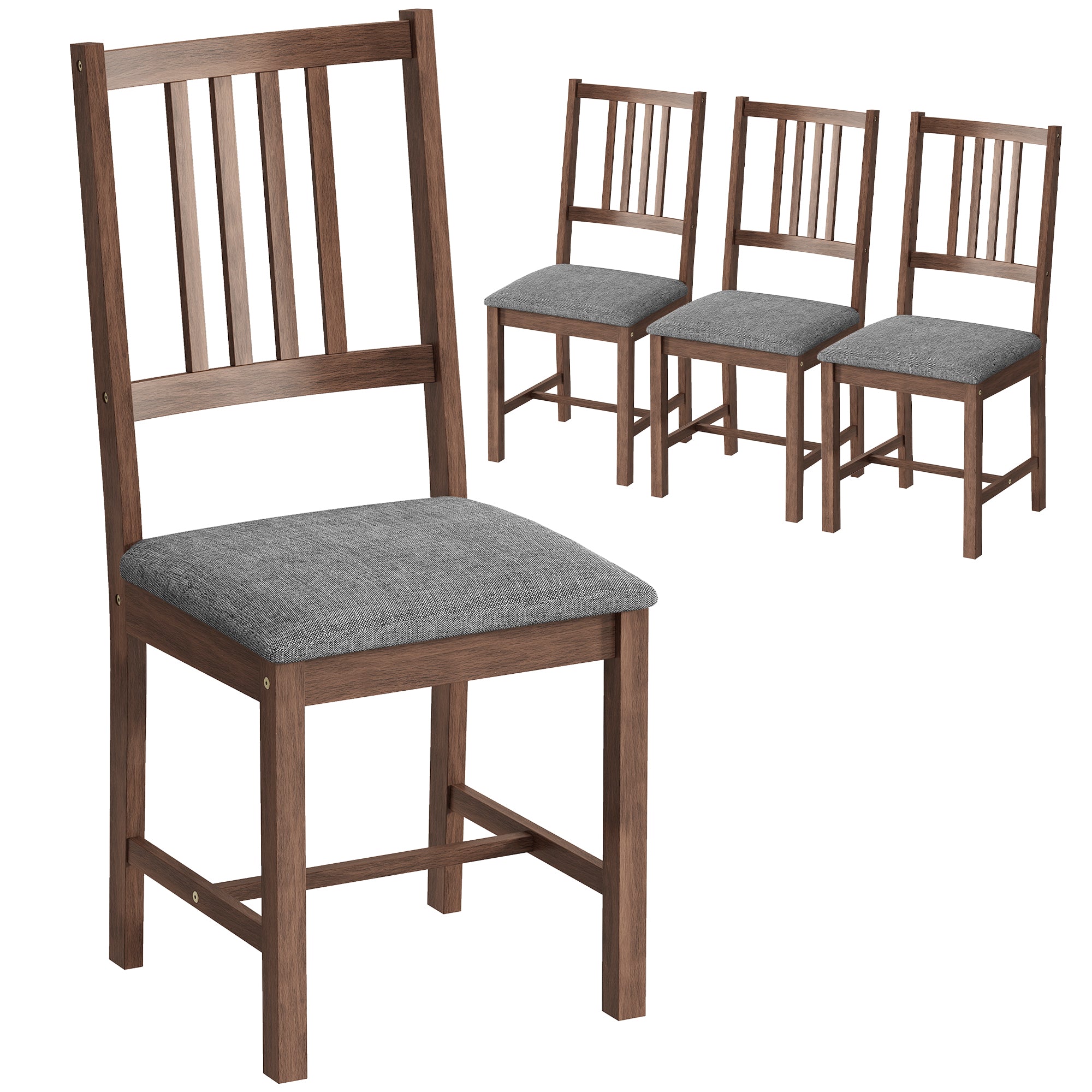 Wooden Dining Chairs Set of 4, Mid-Century Modern Upholstered Kitchen Chairs with Slat Backrest, Rubberwood Legs and Padded Seat for Dining Room, Living Room, Gray