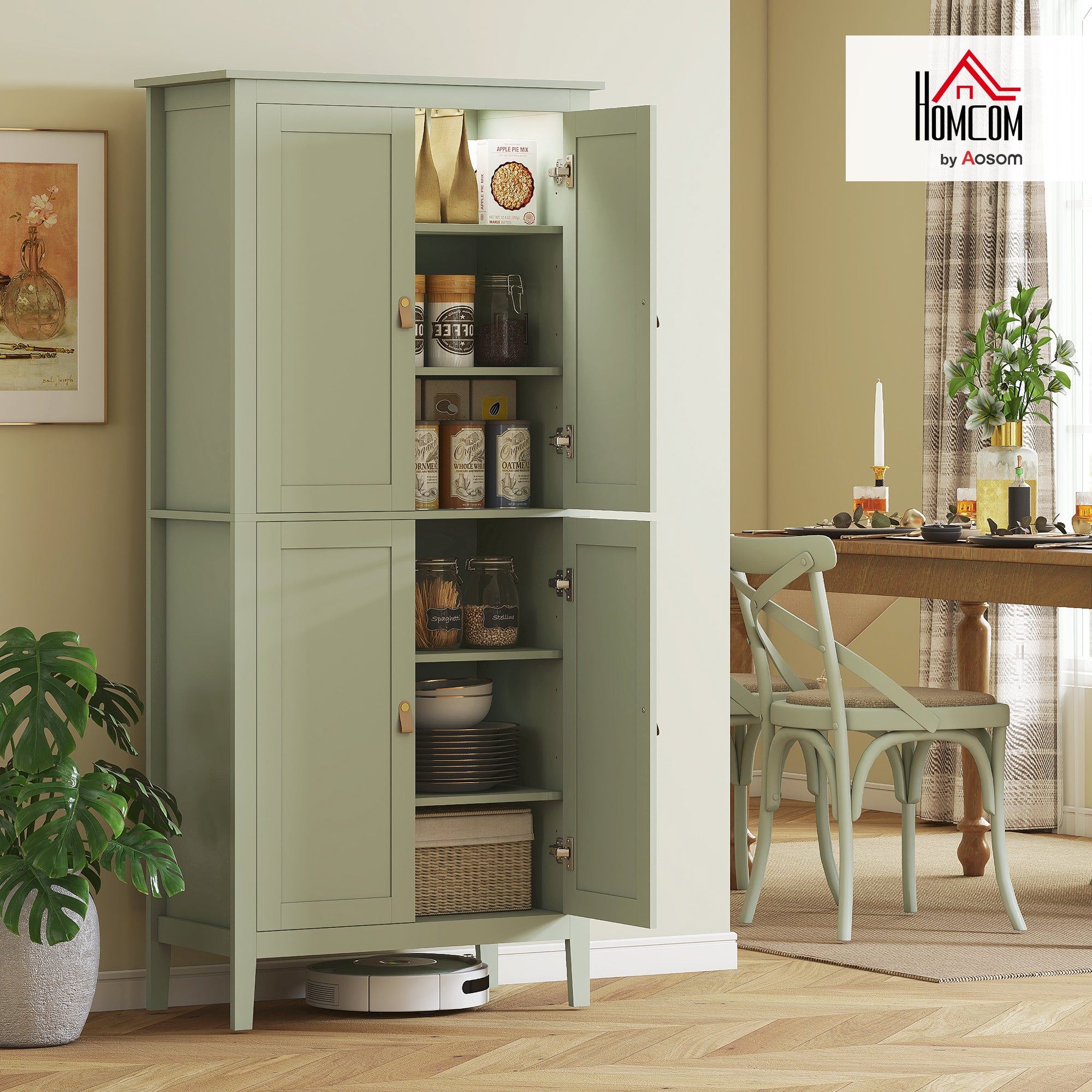 Tall Kitchen Cupboard with Motion Sensor LED Light, 3-Colour Dimmable Lighting, 177 cm Freestanding Storage Cabinet with Doors and Adjustable Shelves, Green