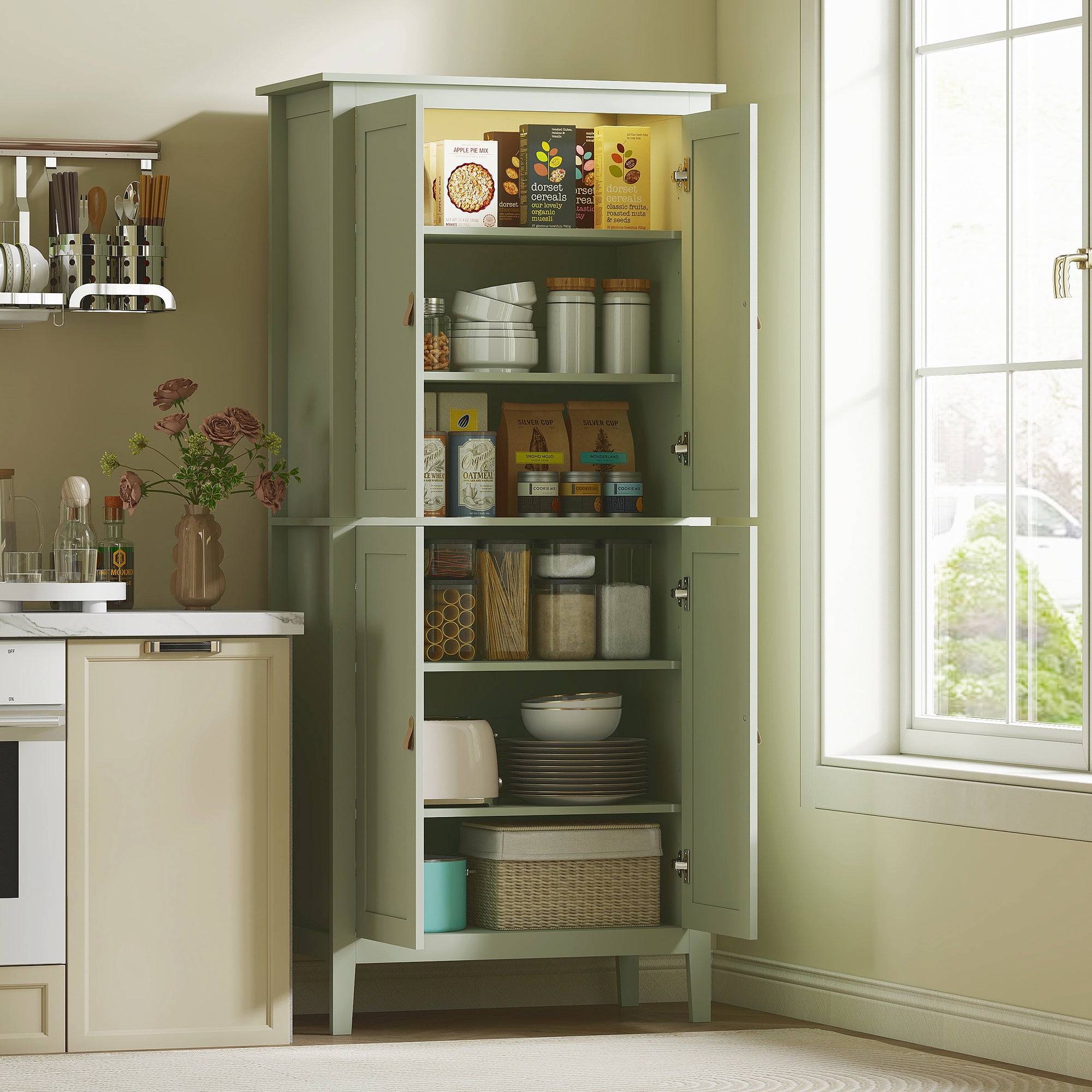 Tall Kitchen Cupboard with Motion Sensor LED Light, 3-Colour Dimmable Lighting, 177 cm Freestanding Storage Cabinet with Doors and Adjustable Shelves, Green