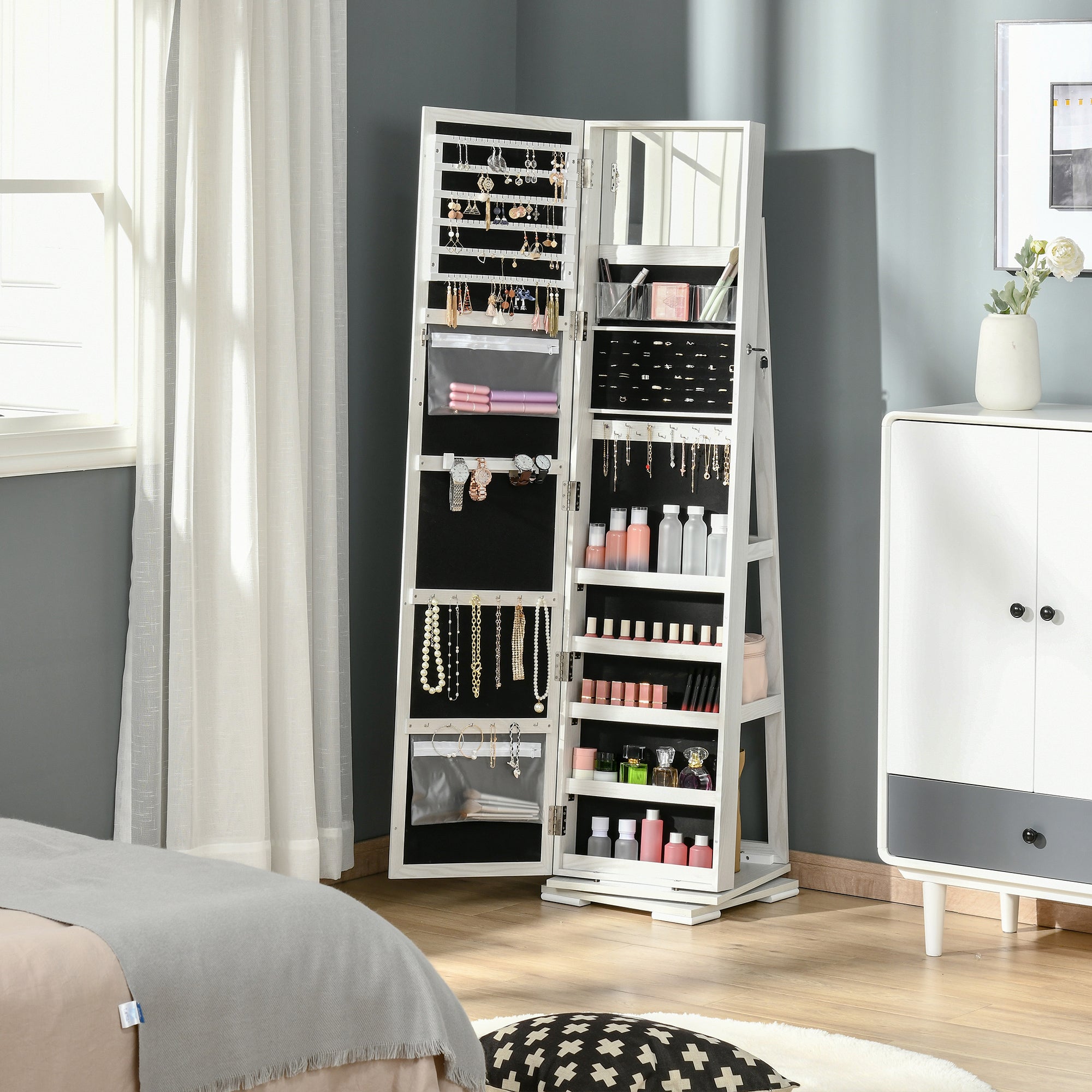HOMCOM 360° Swivel Jewelry Cabinet, Mirror Armoire, Full Length Mirror, Lockable Jewelry Organizer with Built-In Small Mirror, White