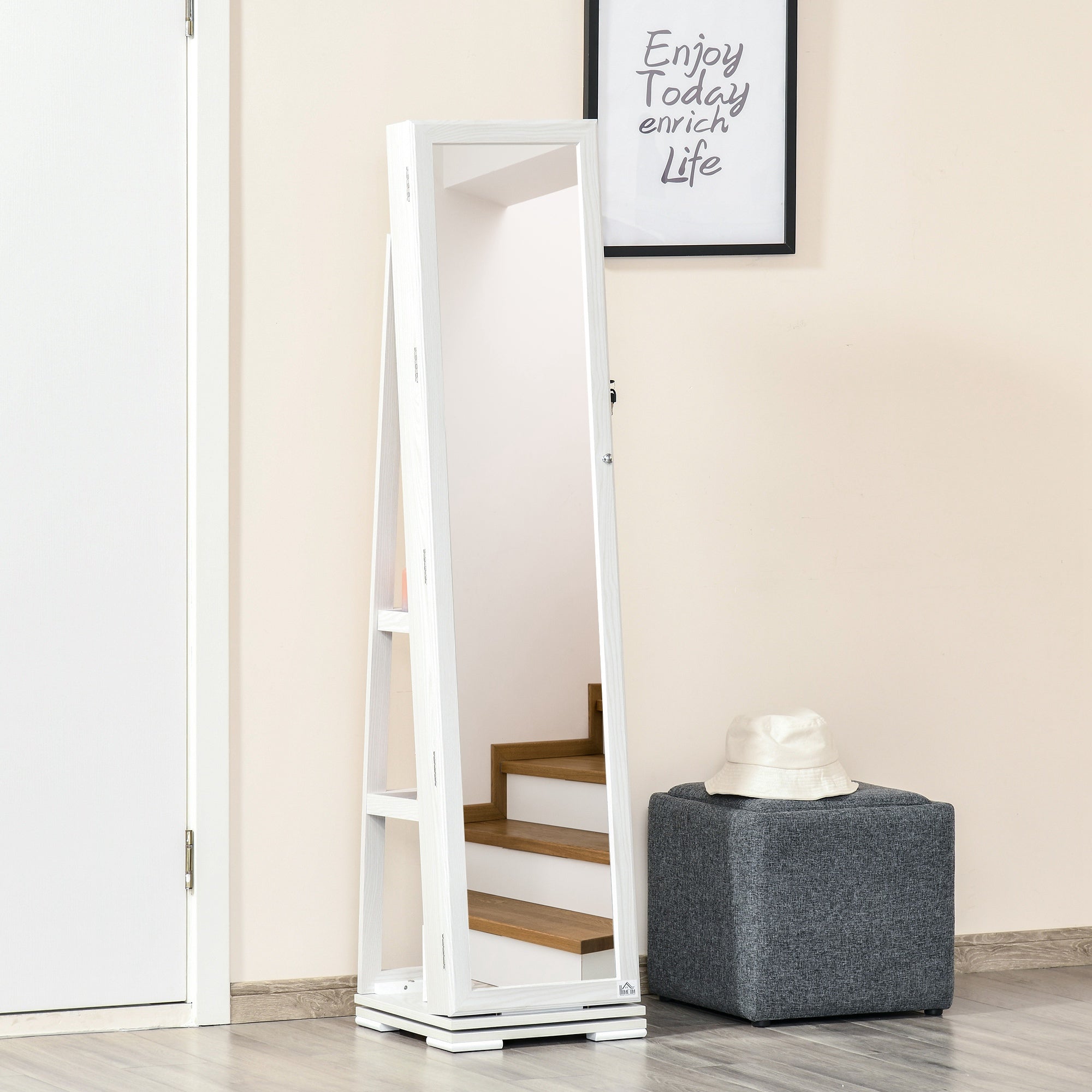 HOMCOM 360° Swivel Jewelry Cabinet, Mirror Armoire, Full Length Mirror, Lockable Jewelry Organizer with Built-In Small Mirror, White