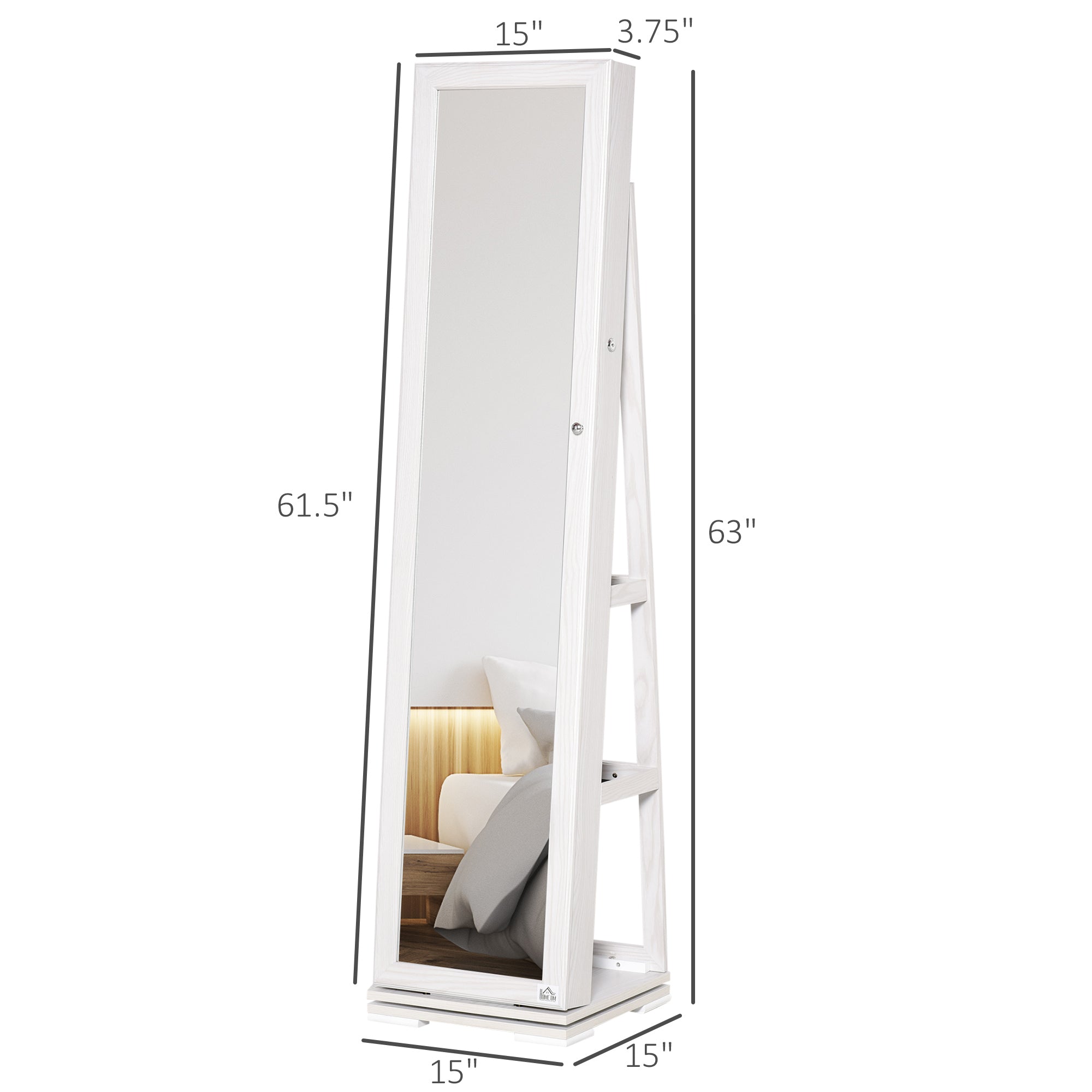 HOMCOM 360° Swivel Jewelry Cabinet, Mirror Armoire, Full Length Mirror, Lockable Jewelry Organizer with Built-In Small Mirror, White
