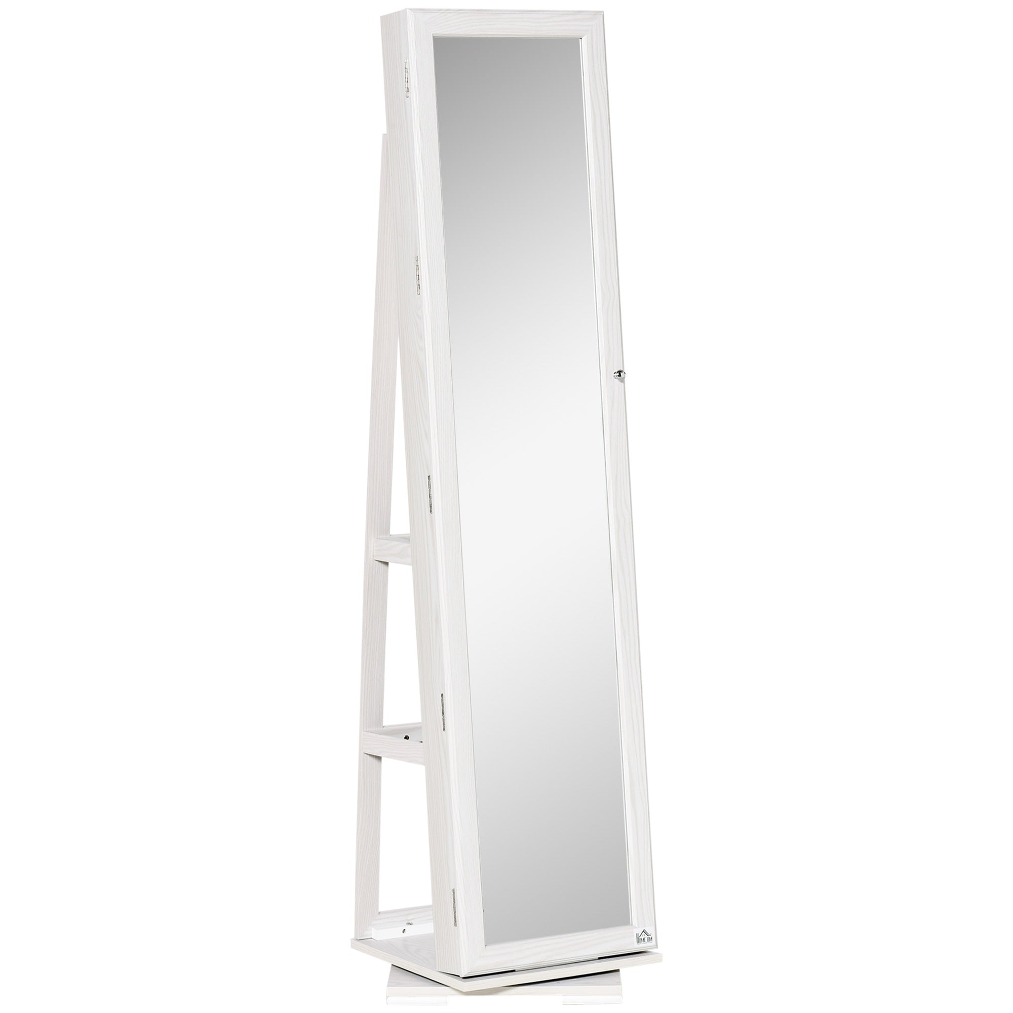 HOMCOM 360° Swivel Jewelry Cabinet, Mirror Armoire, Full Length Mirror, Lockable Jewelry Organizer with Built-In Small Mirror, White