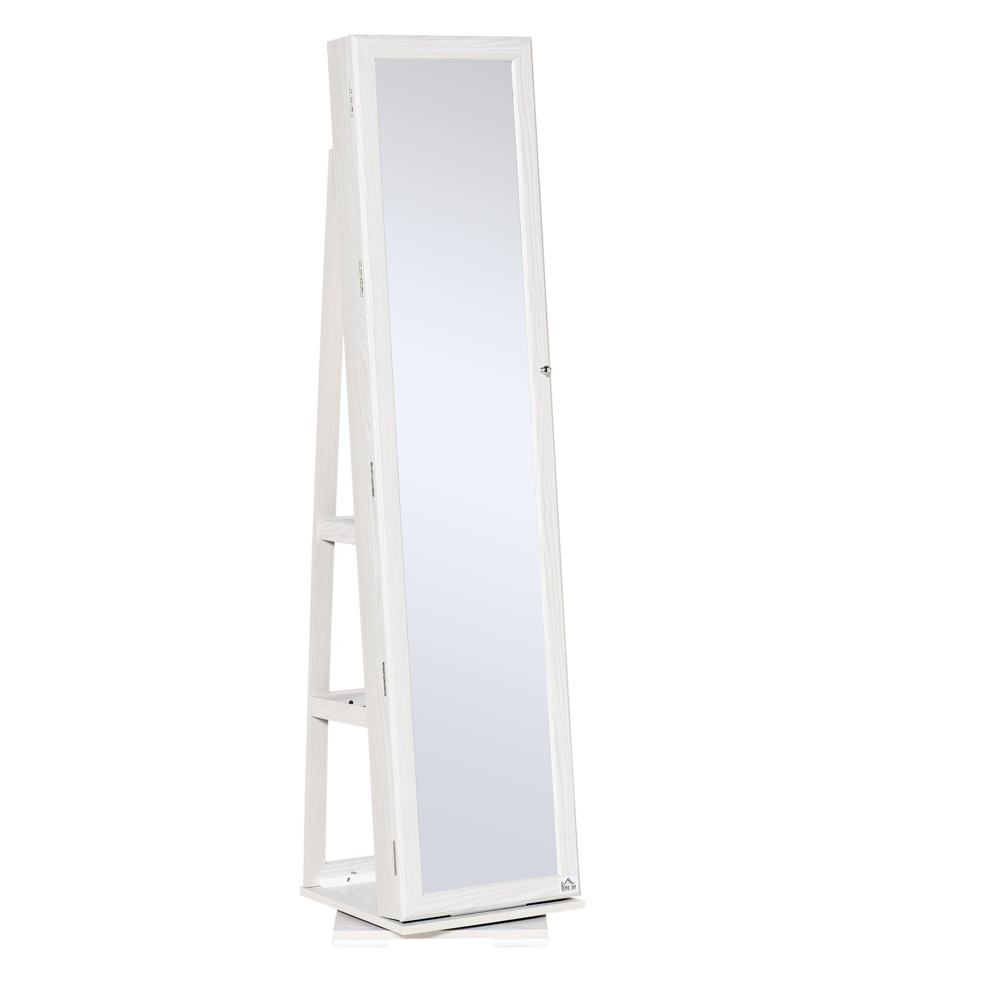 HOMCOM 360° Swivel Jewelry Cabinet, Mirror Armoire, Full Length Mirror, Lockable Jewelry Organizer with Built-In Small Mirror, White