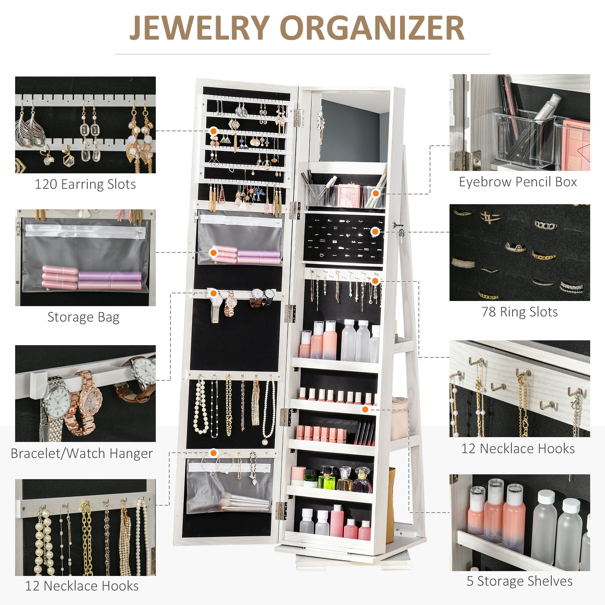 HOMCOM 360° Swivel Jewelry Cabinet, Mirror Armoire, Full Length Mirror, Lockable Jewelry Organizer with Built-In Small Mirror, White
