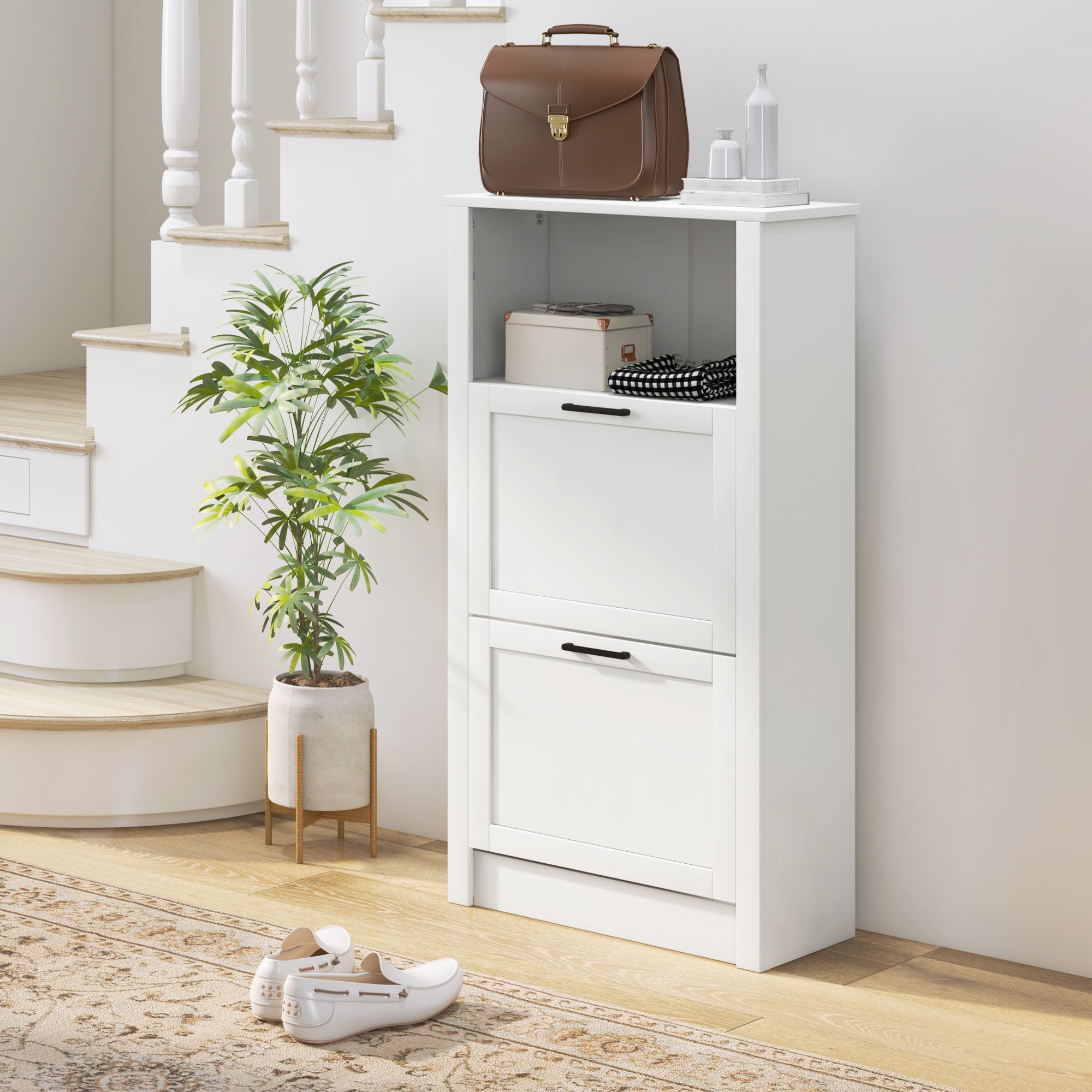 Freestanding Shoe Storage Cabinet Organizer for Entryway Hallway, Holds 10 Pairs, White