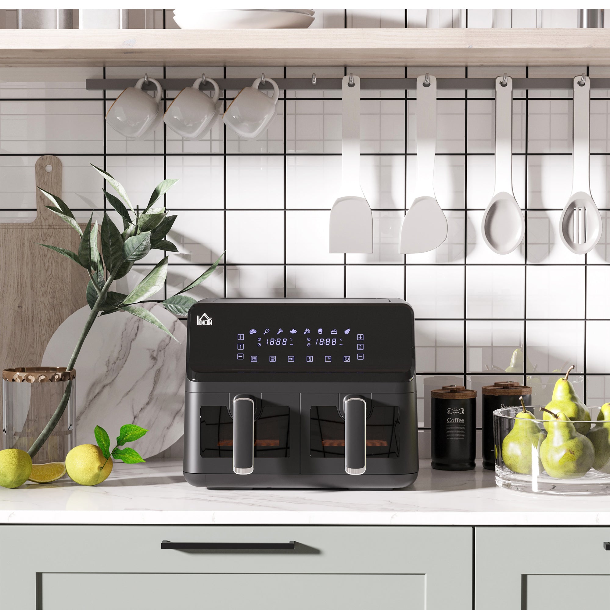 HOMCOM 8L Dual Basket Air Fryer, 8-in-1 Air Fryer Oven with Digital Display, Visible, Timer, Preheat for Oil Free Low Fat Cooking, 2500W, Sync Finish, Sliver